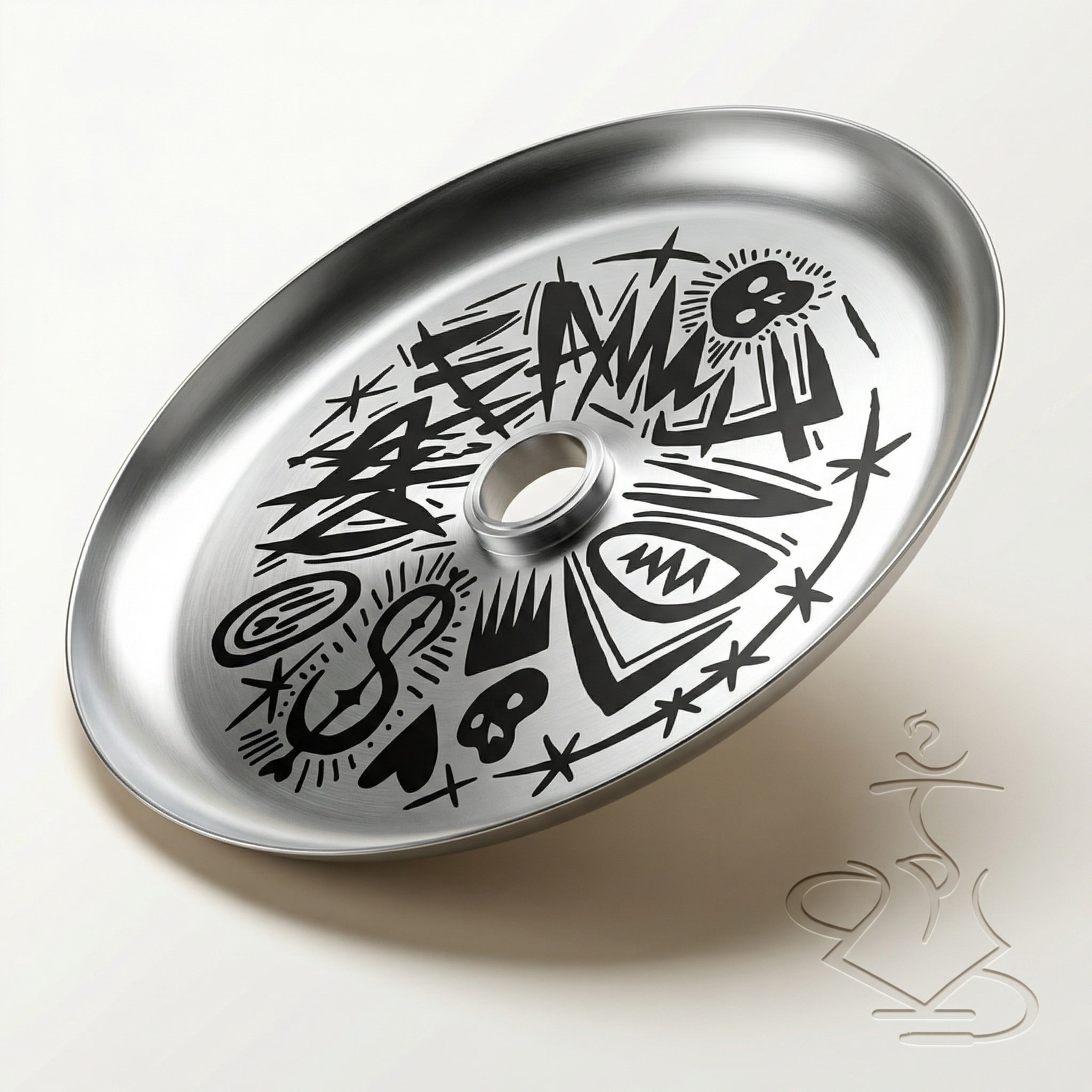 Hooligan brushed stainless steel ash plate with hand-drawn black graffiti artwork printed across the dish, shown at an elevated angle to reveal the dish form and full design.