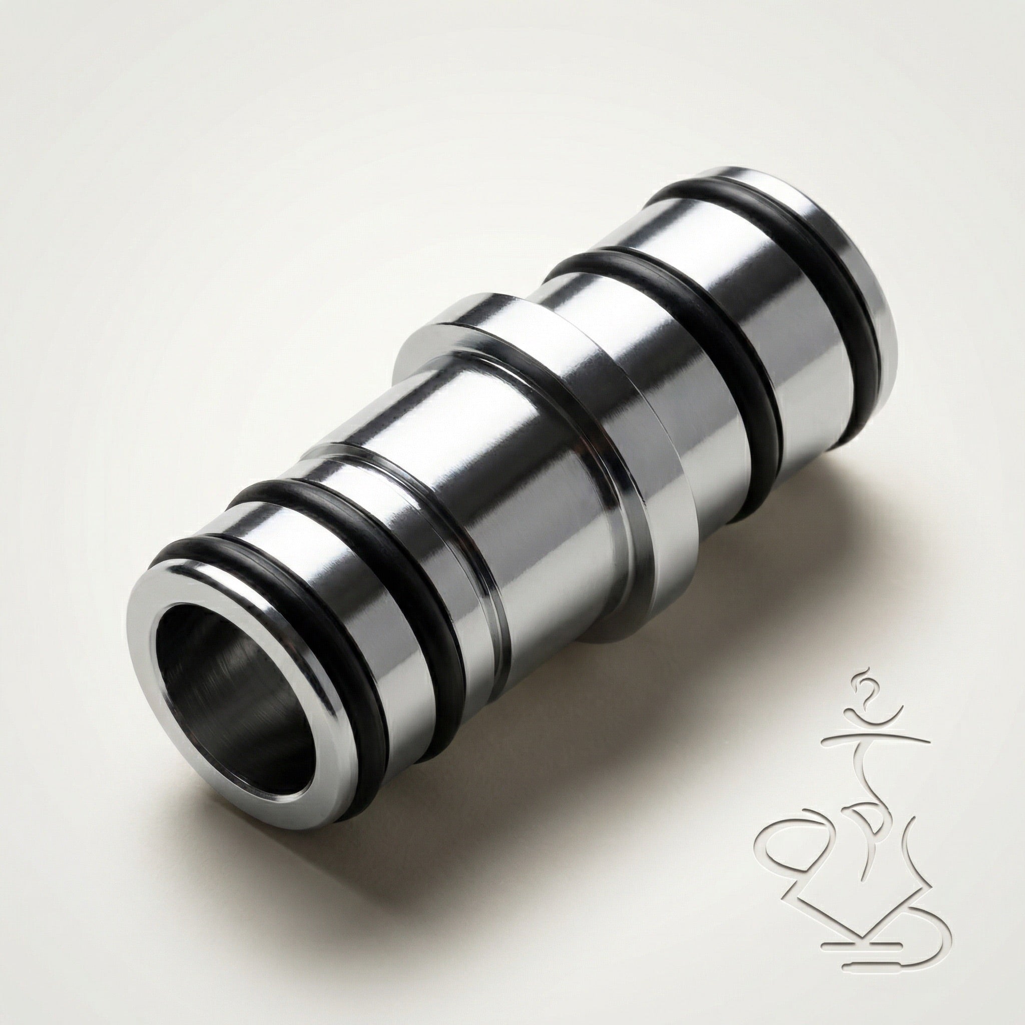 Hooligan chrome stepped hose adapter with black rubber O-ring grooves, machined fitting that connects the silicone hose to the hookah purge port.