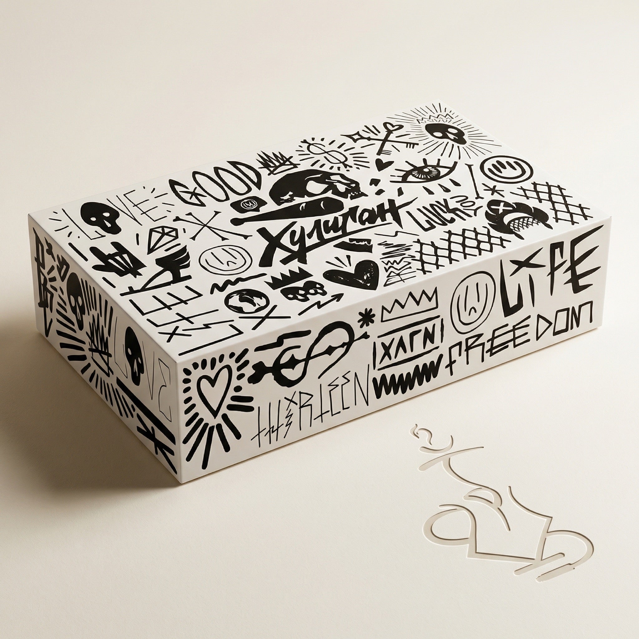 Hooligan presentation box, matte white printed gift box covered in the brand's signature hand-drawn black graffiti artwork, shown closed at a three-quarter angle.