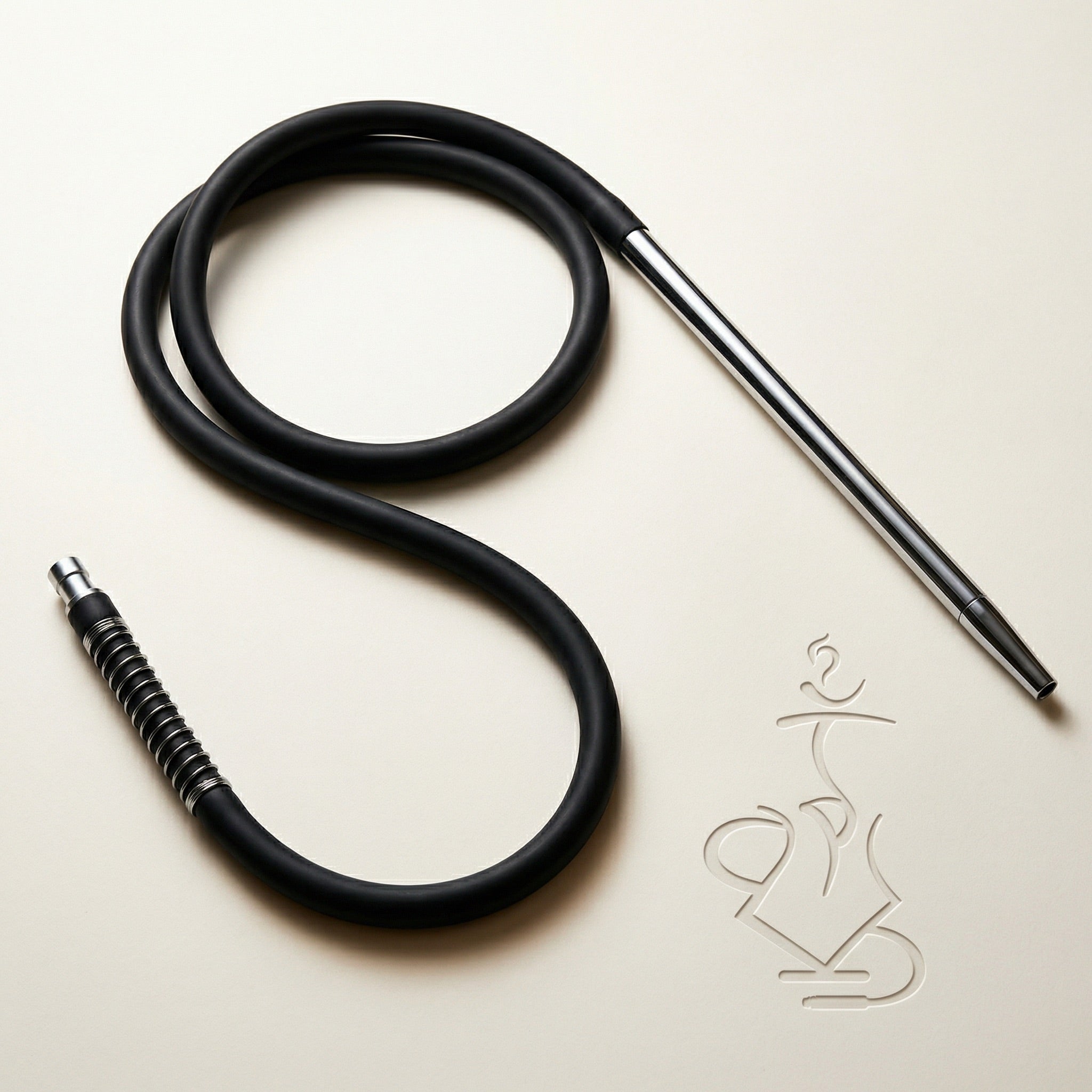 Hooligan soft black silicone shisha hose with polished chrome handle and chrome-ringed connector end, laid out horizontally in a warm white studio.