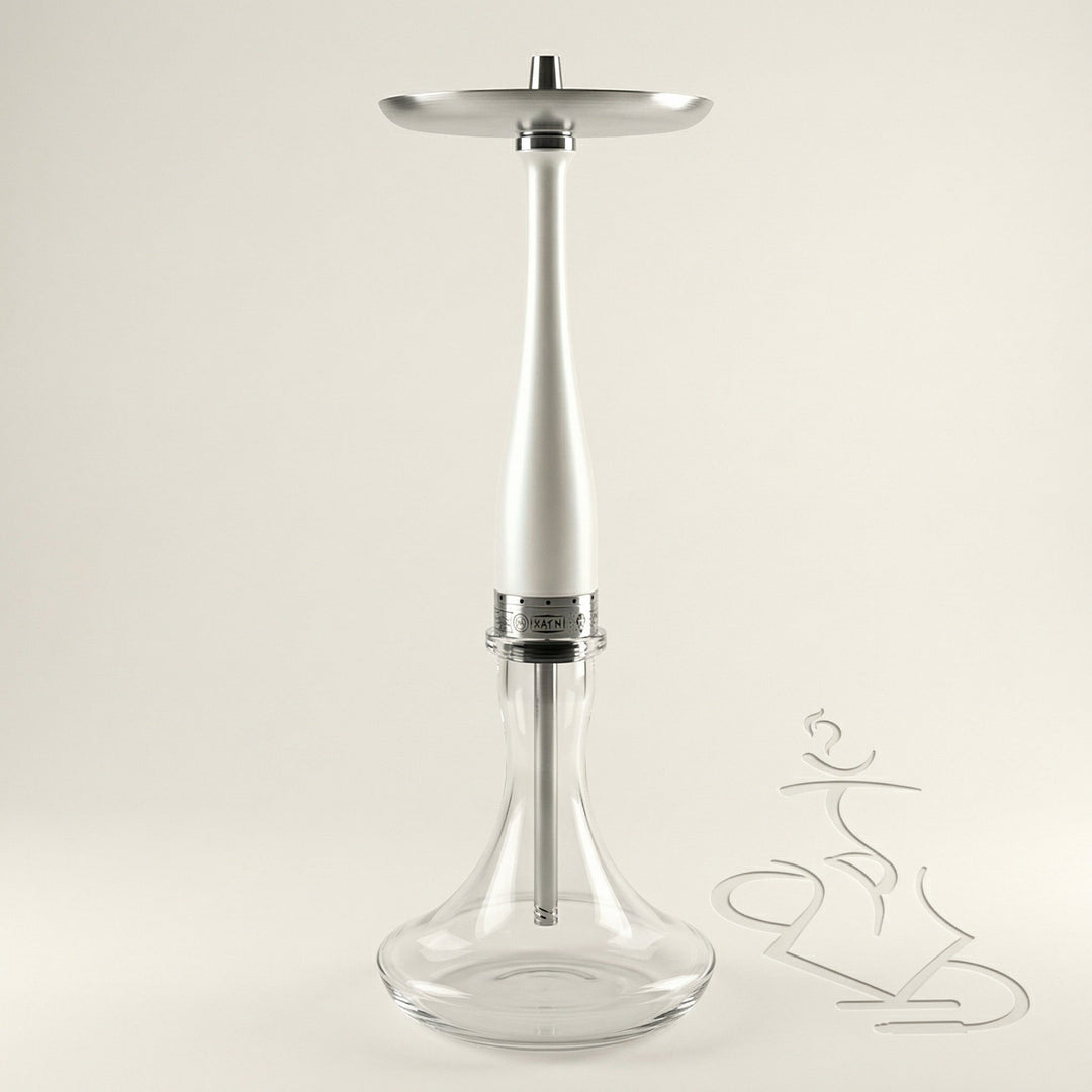 Hooligan White Baseball Bat Hookah, 70 cm pearlescent white stainless steel shisha pipe with engraved chrome purge collar and clear glass base, full assembled studio shot.