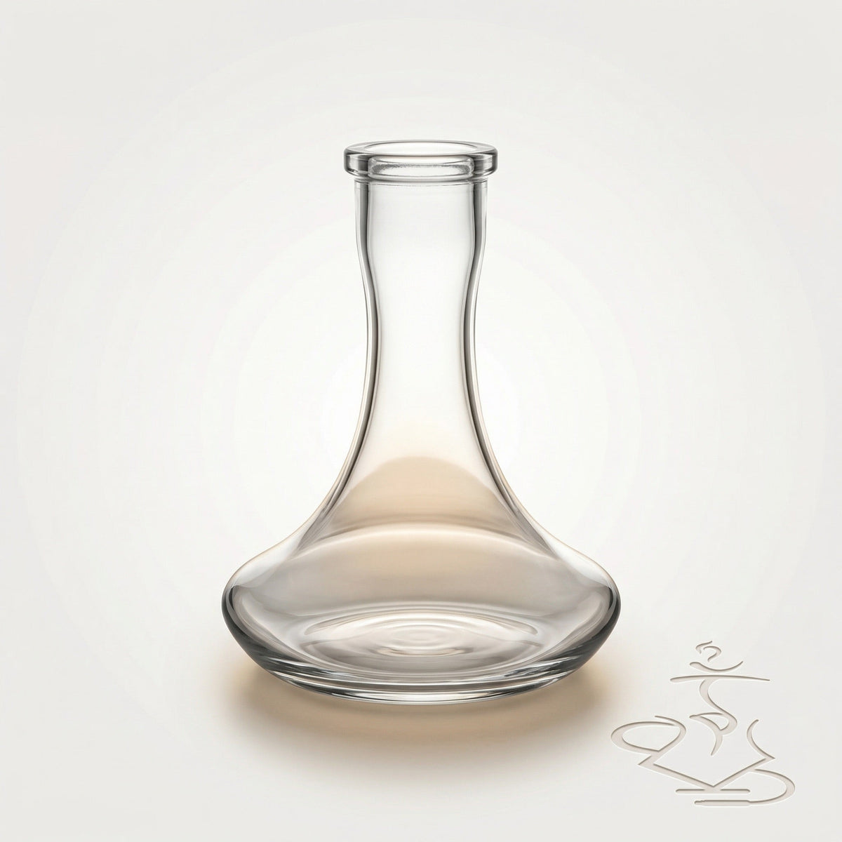 Clear glass base from the Hooligan White Baseball Bat Hookah, wide low-shouldered crystal-clear shisha base shown empty in a warm white studio., image 10 of 25