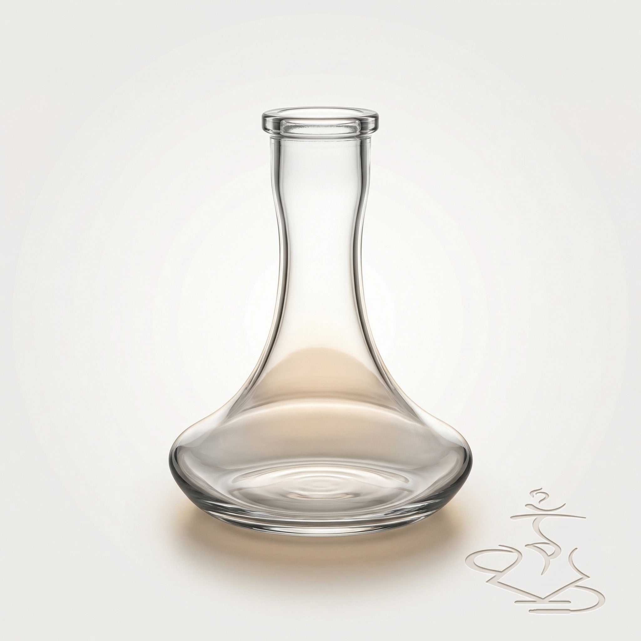 Clear glass base from the Hooligan White Baseball Bat Hookah, wide low-shouldered crystal-clear shisha base shown empty in a warm white studio.