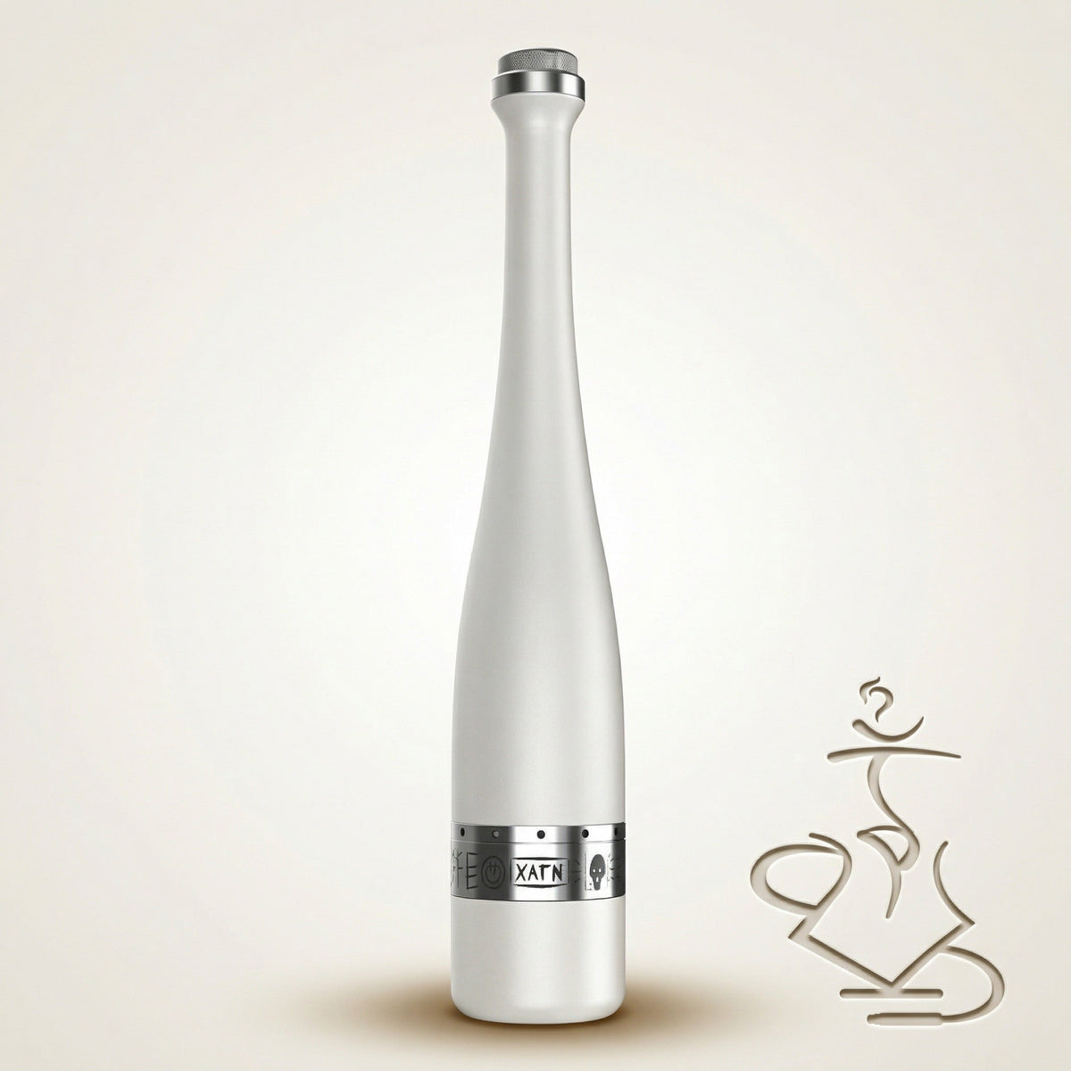 Hooligan White Baseball Bat Hookah stem shown alone, pearlescent white stainless steel bat-shaped body with chrome cap and engraved chrome purge collar at the base., image 4 of 25