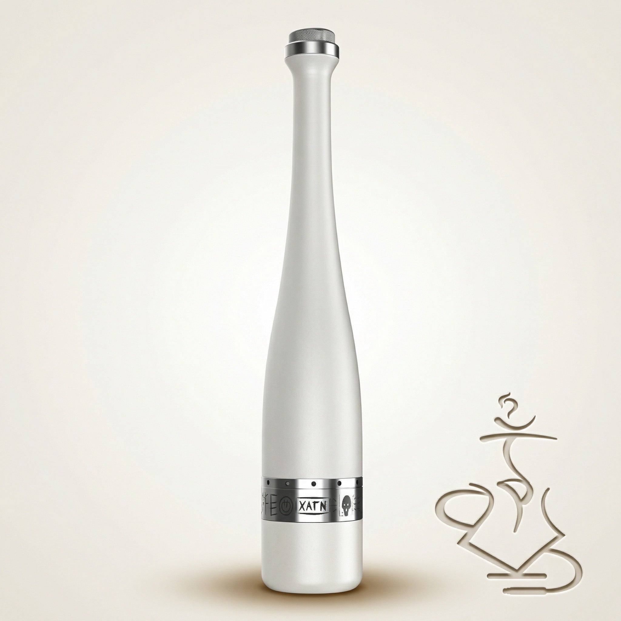 Hooligan White Baseball Bat Hookah stem shown alone, pearlescent white stainless steel bat-shaped body with chrome cap and engraved chrome purge collar at the base.