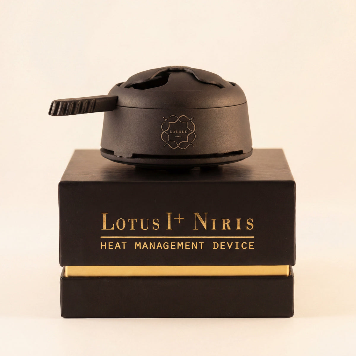 Kaloud Lotus I+ Niris Black HMD atop its black and gold premium retail packaging box., image 11 of 15