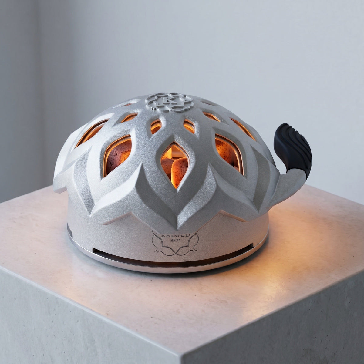 Kaloud Lotus I+3 Argis Silver in use with four lit coconut coals glowing through lotus cutouts, image 2 of 19