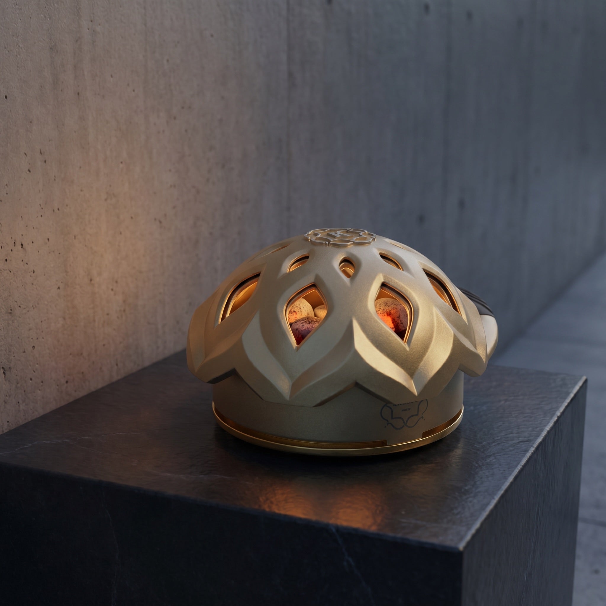 Kaloud Lotus I+3 Auris Gold HMD with four lit coconut coals glowing through lid vents