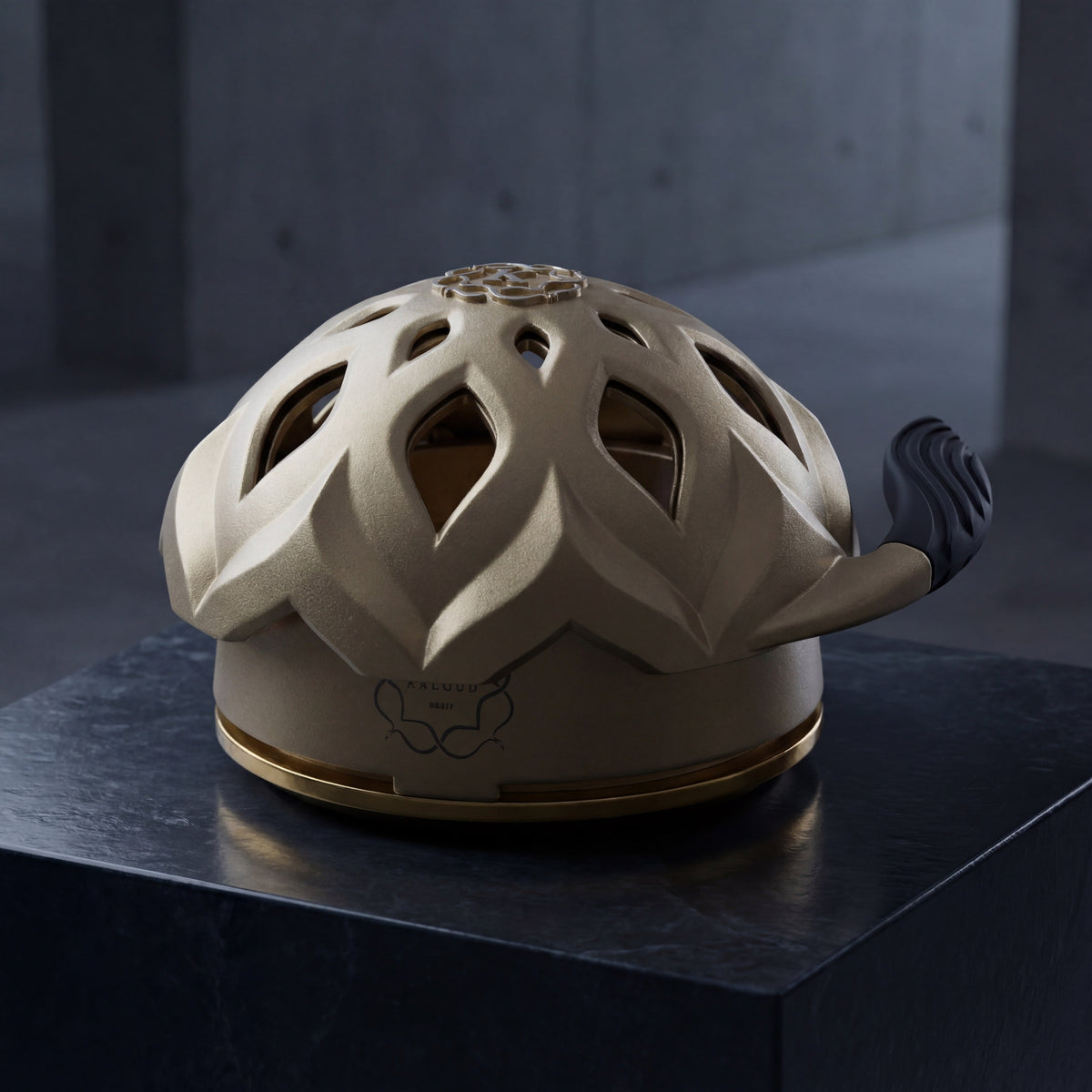 Kaloud Lotus I+3 Auris Gold HMD on dark slate plinth, architectural dusk hero shot, image 2 of 10