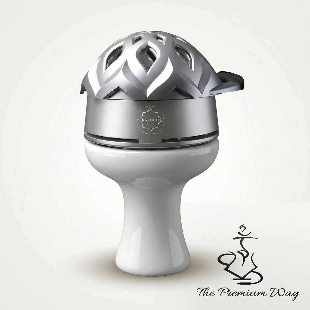 Kaloud Lotus I+3 Argis Silver heat management device seated on a flat-lipped white ceramic phunnel shisha bowl, full assembly shown to demonstrate fit and seal at the bowl rim., image 16 of 19