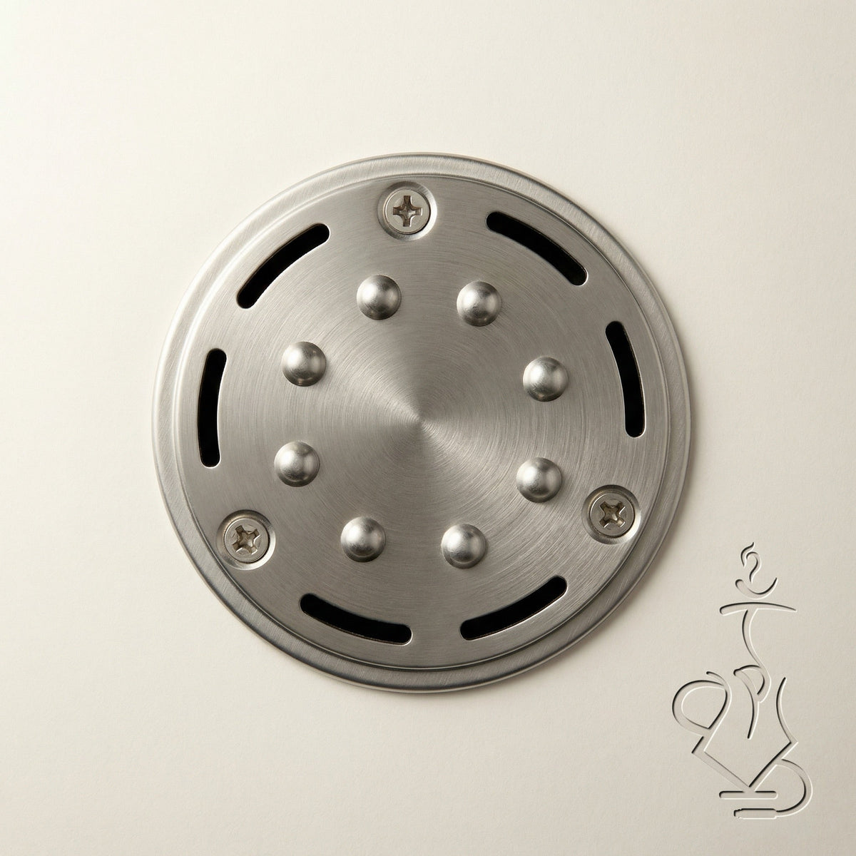 Top-down view of the Kaloud Lotus I+3 Argis Silver stainless steel base, showing the radial rivet pattern, Phillips screws, and dual-arc vent slots., image 17 of 19