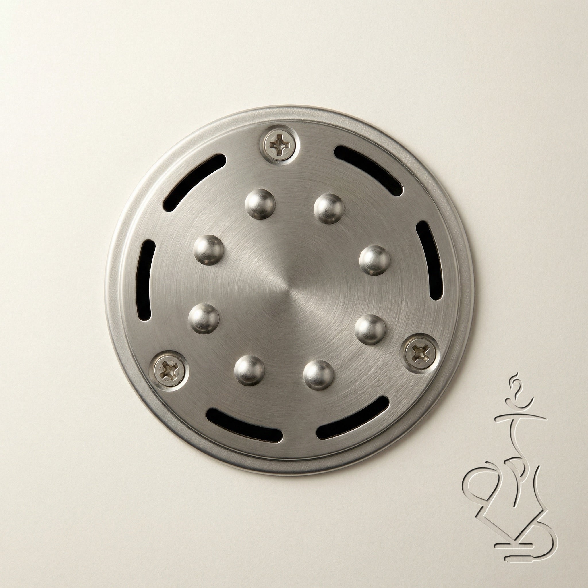Top-down view of the Kaloud Lotus I+3 Argis Silver stainless steel base, showing the radial rivet pattern, Phillips screws, and dual-arc vent slots.