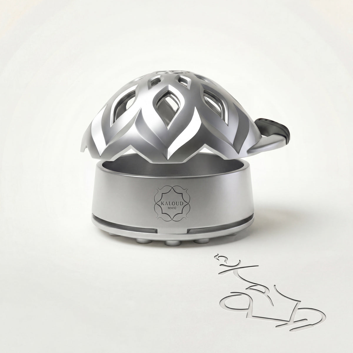 Kaloud Lotus I+3 Argis Silver heat management device, brushed stainless steel base and ornate lotus-petal aluminium lid with central Kaloud K crest, photographed in studio., image 6 of 19