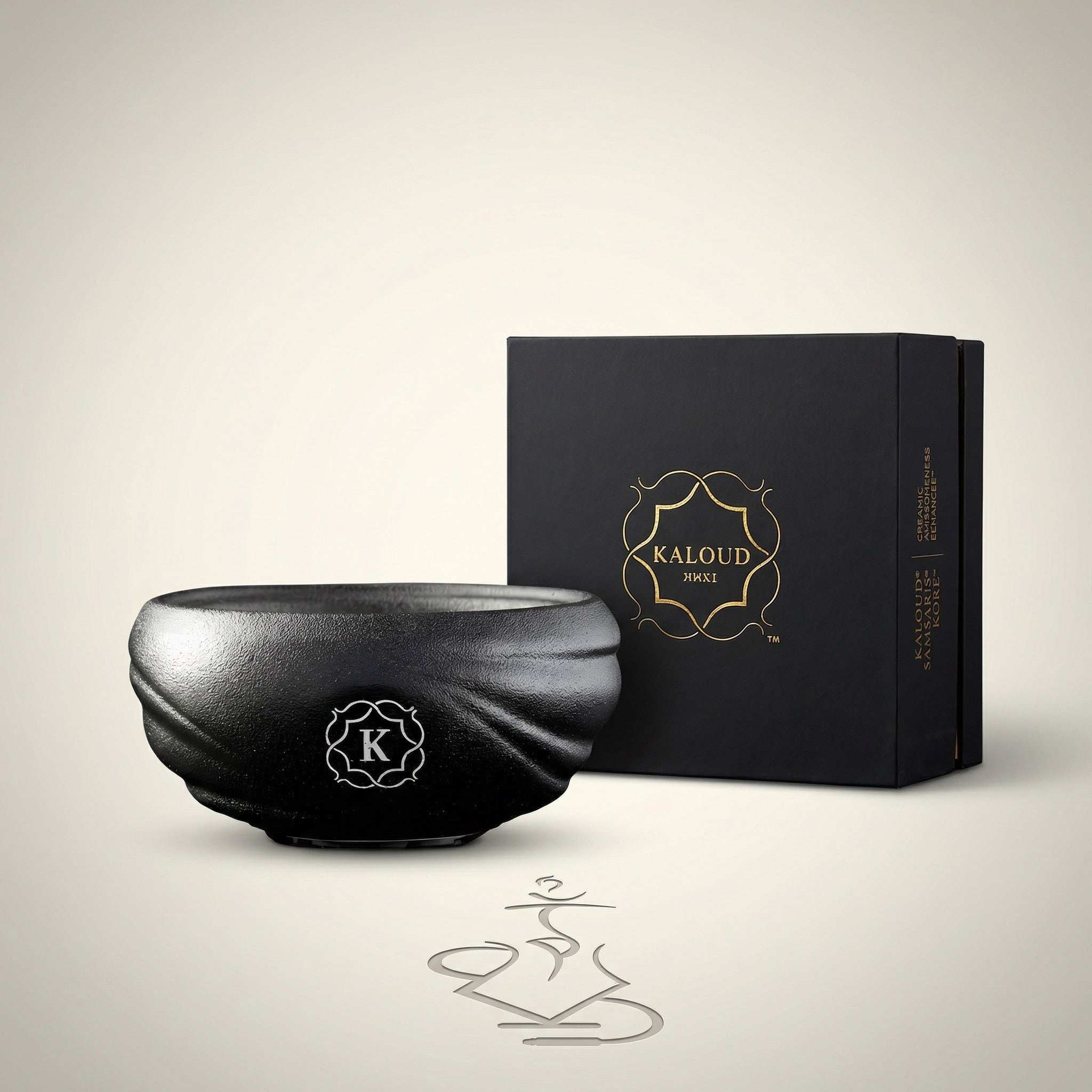 Kaloud Samsaris Kore All Ceramic shisha bowl in dark charcoal with metallic-flecked grain and premium black-and-gold Kaloud presentation box