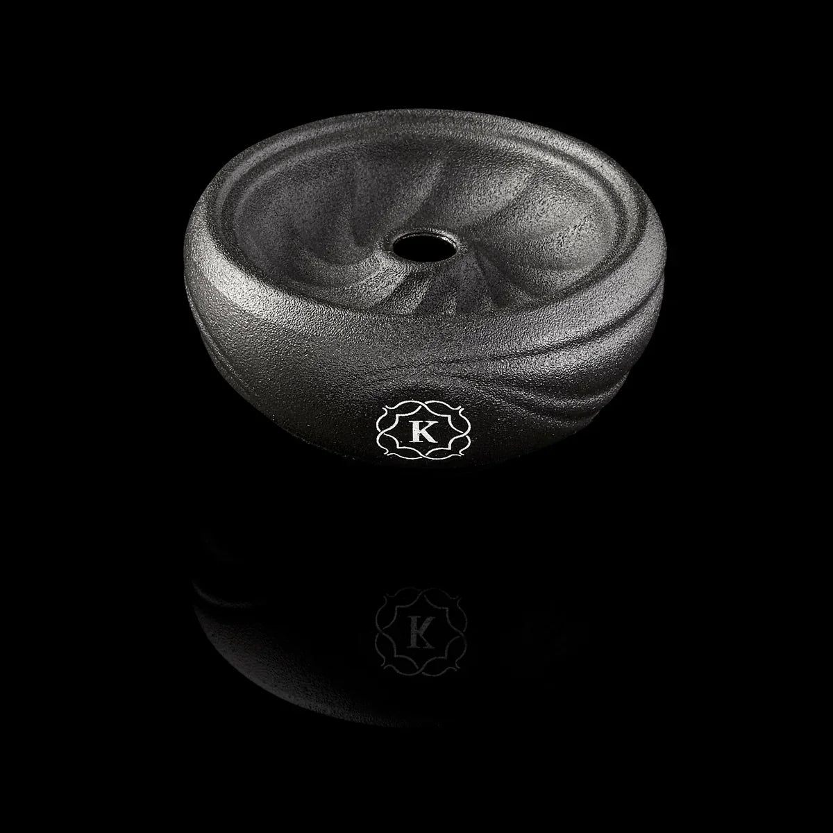 Kaloud Samsaris Kore all ceramic shisha bowl three-quarter view showing swirl texture and K emblem