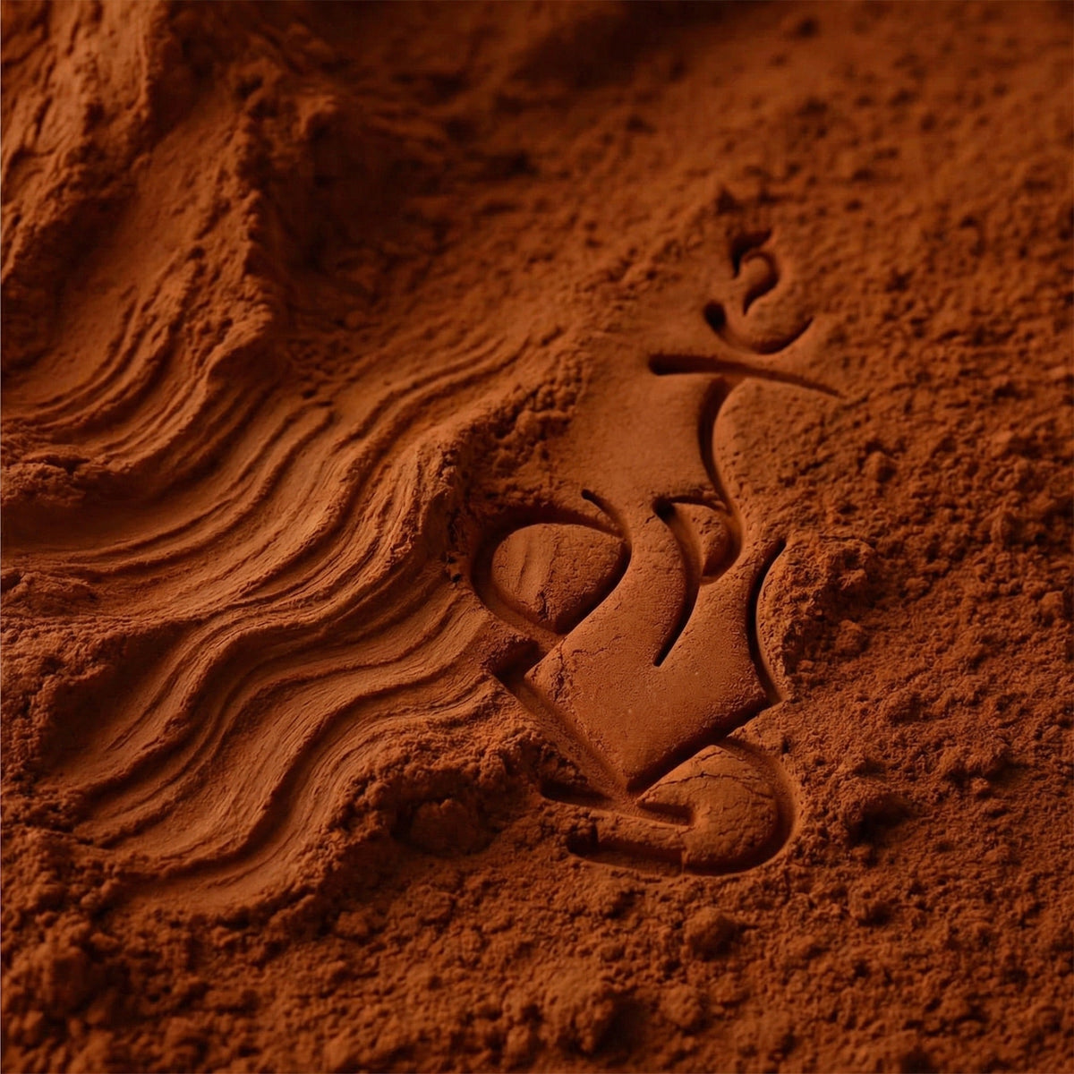 Raw red clay powder surface with natural wave texture and The Premium Shisha logo pressed into the material showing the origin of the Kore Qì bowl, image 8 of 18