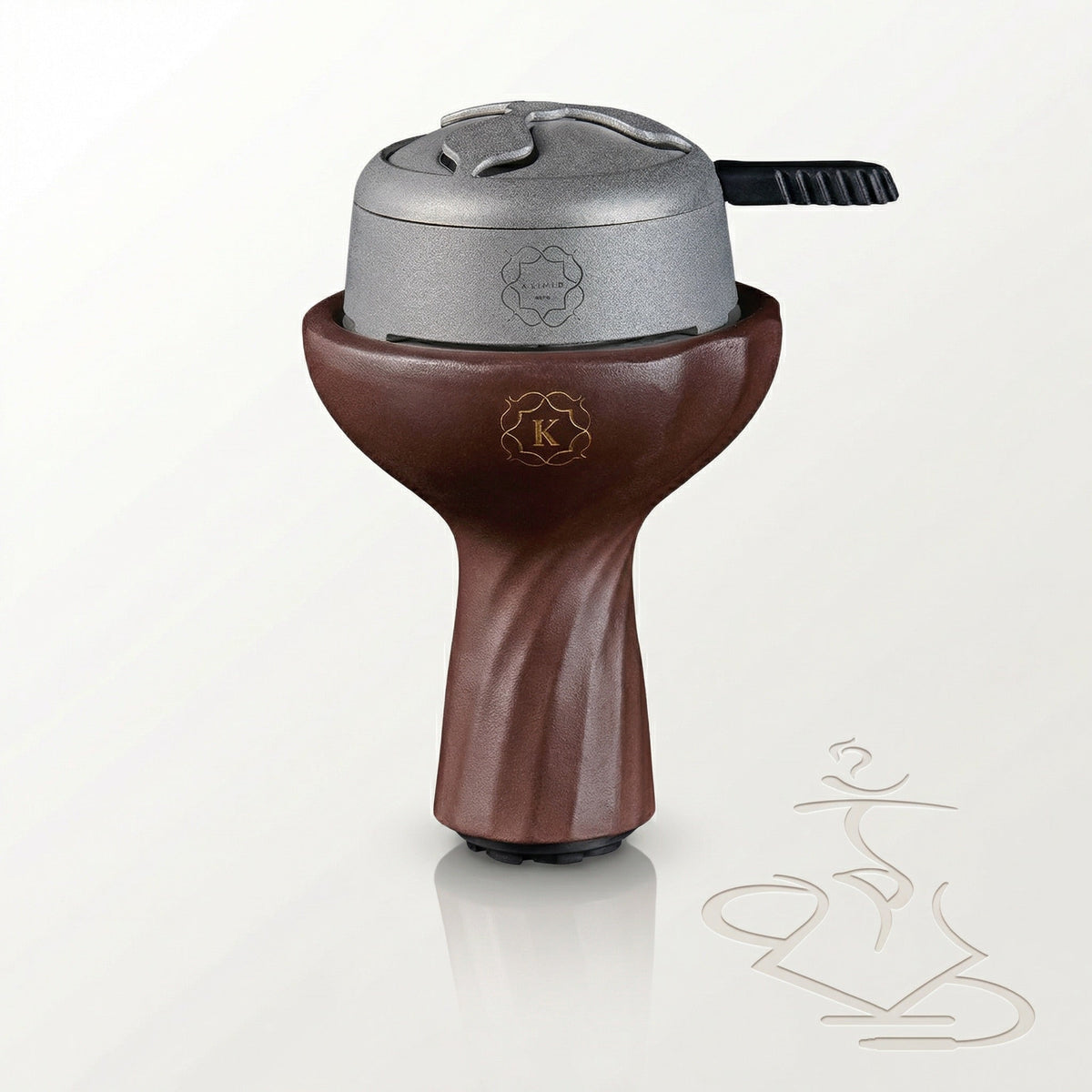 Kaloud Samsaris Kore Qì red clay shisha bowl with Kaloud Lotus I+ heat management device seated flush on top in studio setting, image 9 of 18