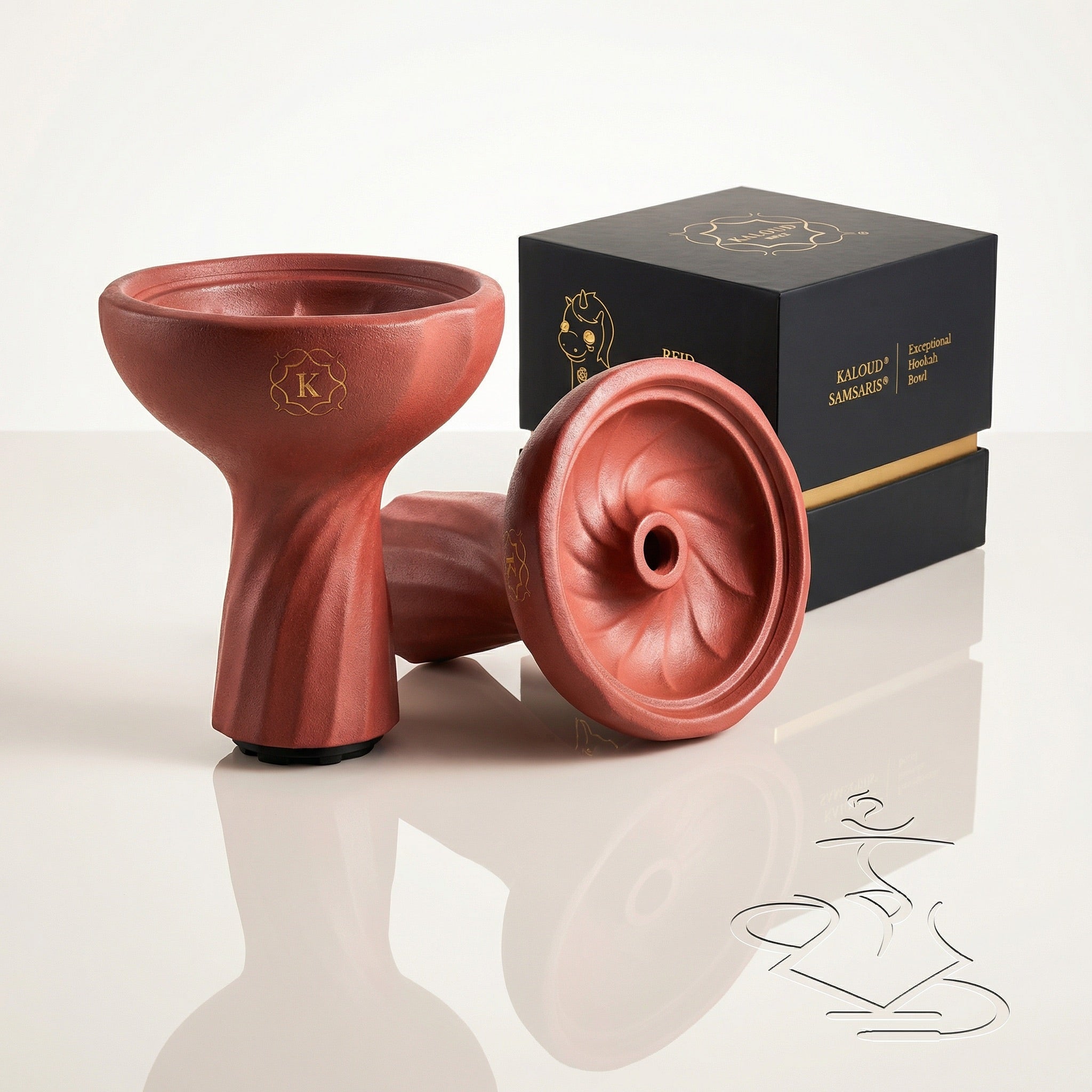 Kaloud Samsaris Kore Qì red clay tall shisha bowl with spiral twist stem and presentation box on reflective studio surface showing front and side profile views