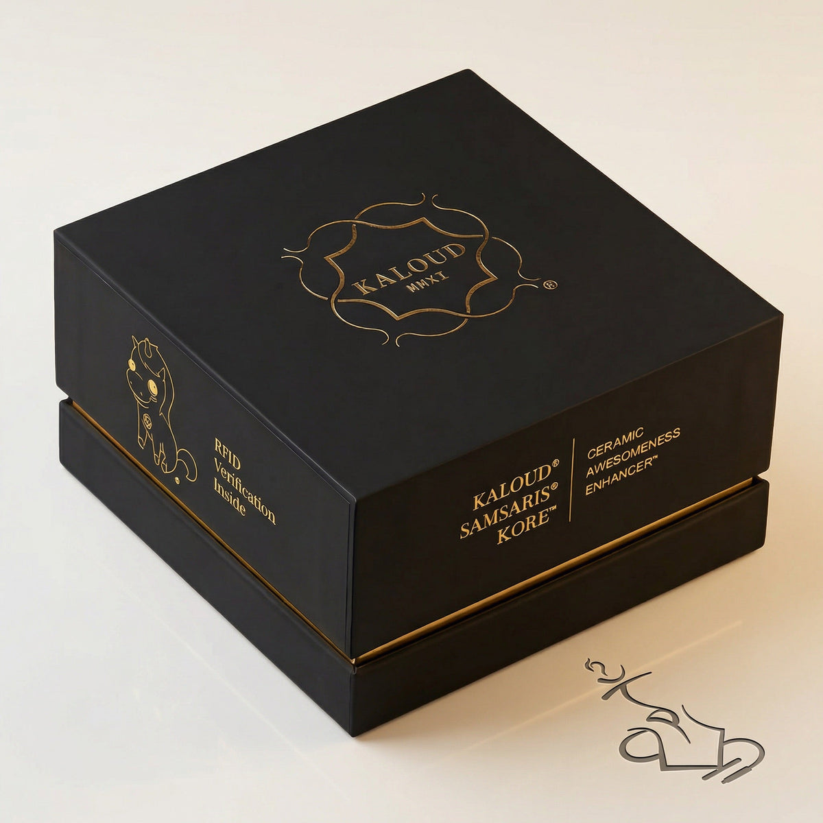 Premium matte black Kaloud Samsaris Kore presentation box with gold foil crest and RFID verification for the Qì Short shisha bowl, image 6 of 12