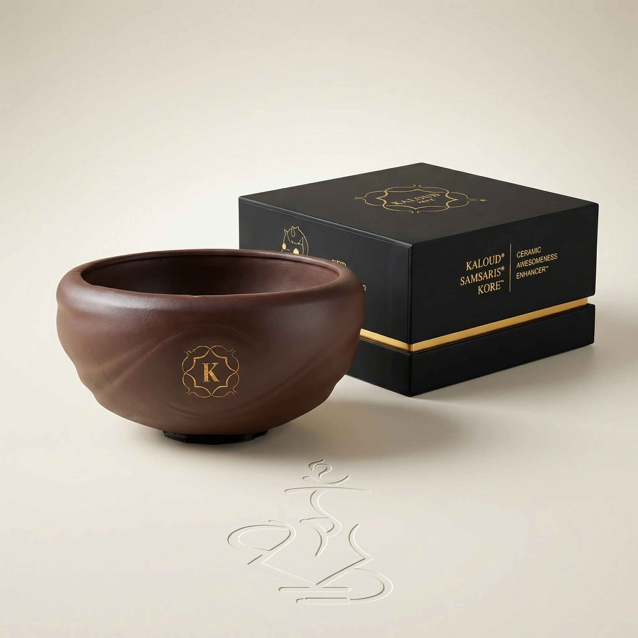 Kaloud Samsaris Kore Qì Short red clay shisha bowl with premium black-and-gold Kaloud presentation box on a warm white studio background