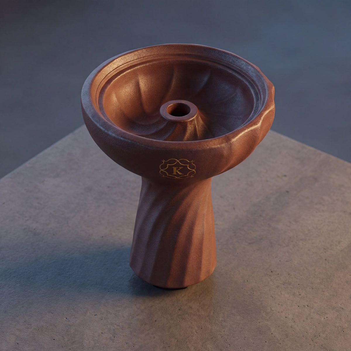 Kaloud Samsaris Kore Qì Tall red clay shisha bowl on polished concrete in dim modern interior with directional warm light, image 2 of 18