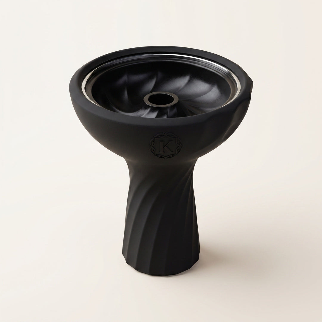 Kaloud Samsaris Lapis II ceramic shisha bowl with black silicone housing, chrome ring, and spiral turbine flavour chamber on warm cream background