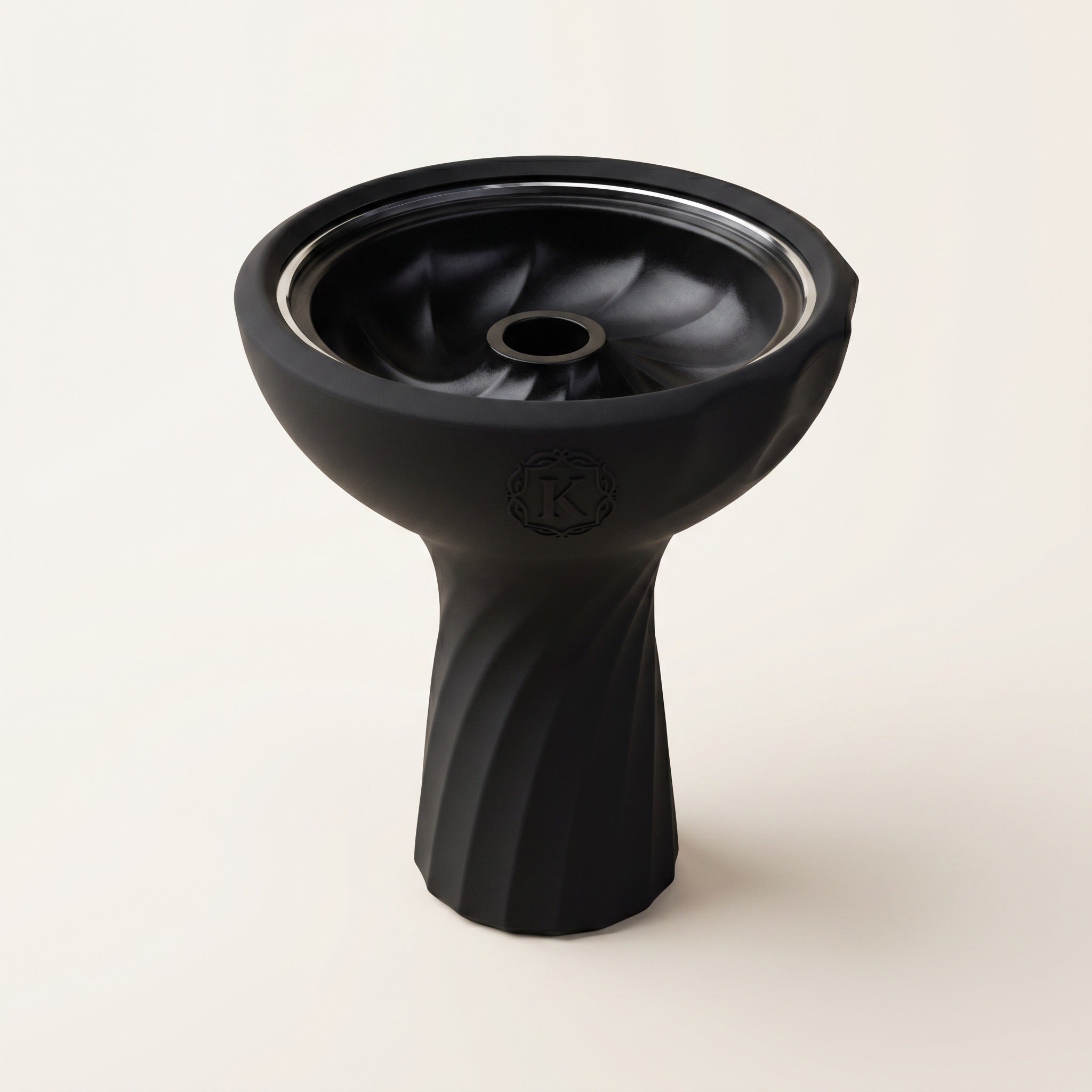 Kaloud Samsaris Lapis II ceramic shisha bowl with black silicone housing, chrome ring, and spiral turbine flavour chamber on warm cream background