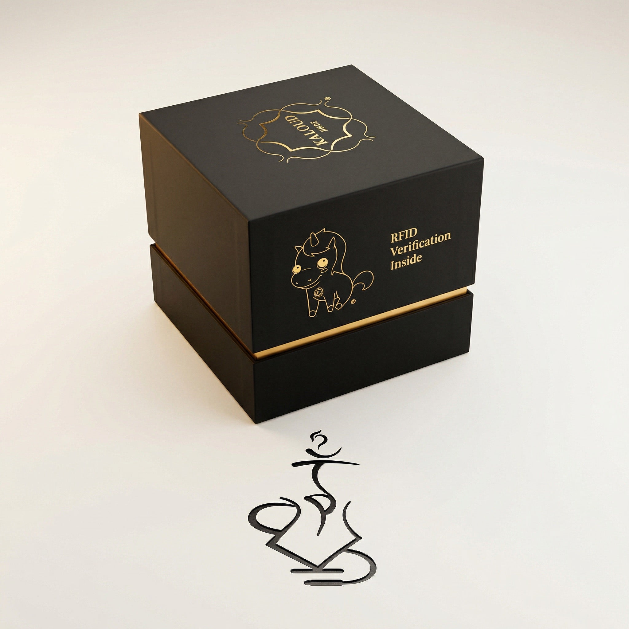 Premium matte black Kaloud Samsaris presentation box with gold foil crest, unicorn mascot, and RFID verification for the Lapis II ceramic shisha bowl
