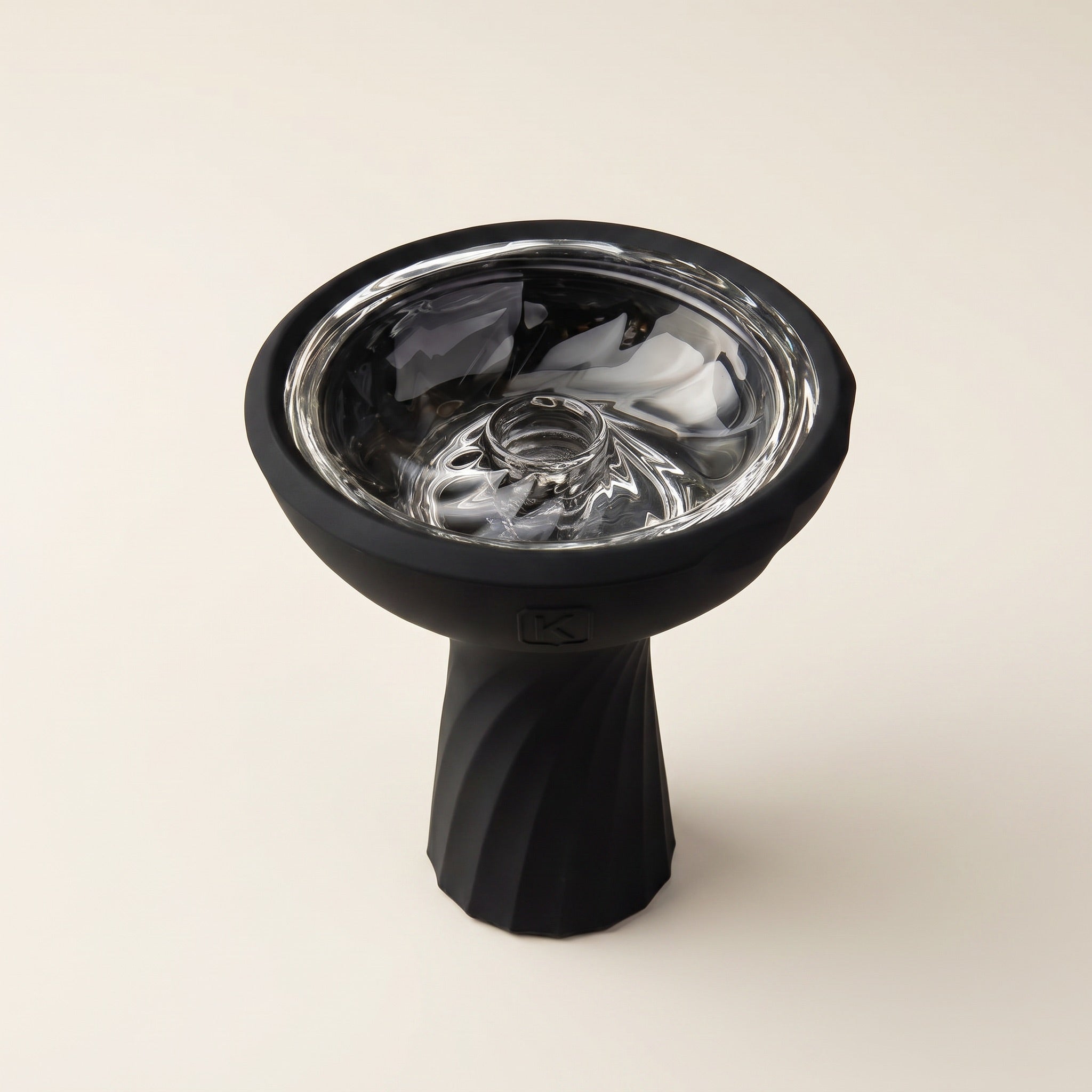 Kaloud Samsaris Vitria III borosilicate glass shisha bowl with black silicone housing and clear glass phunnel chamber on warm cream background