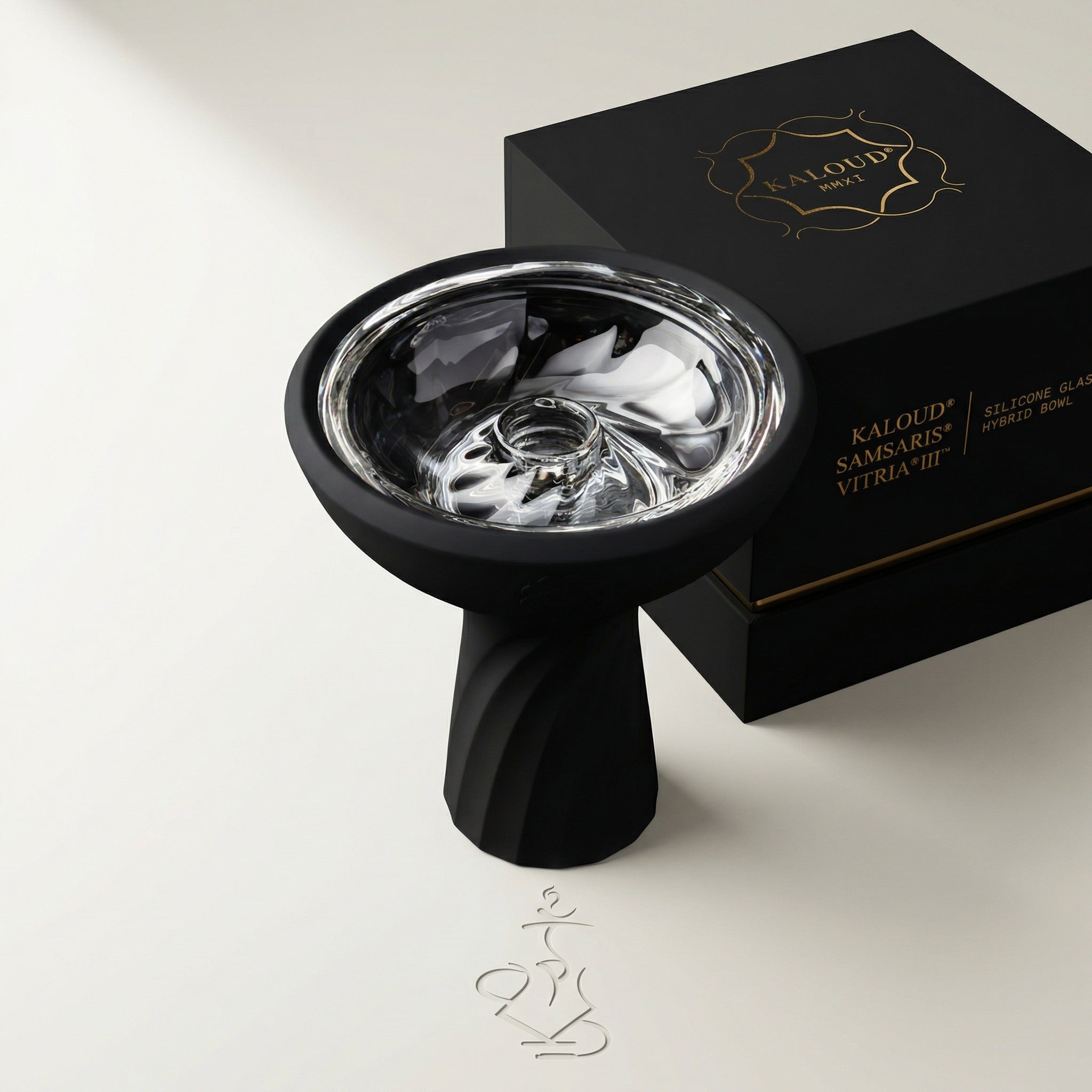 Kaloud Samsaris Vitria III borosilicate glass hybrid shisha bowl in matte black silicone with premium Kaloud presentation box