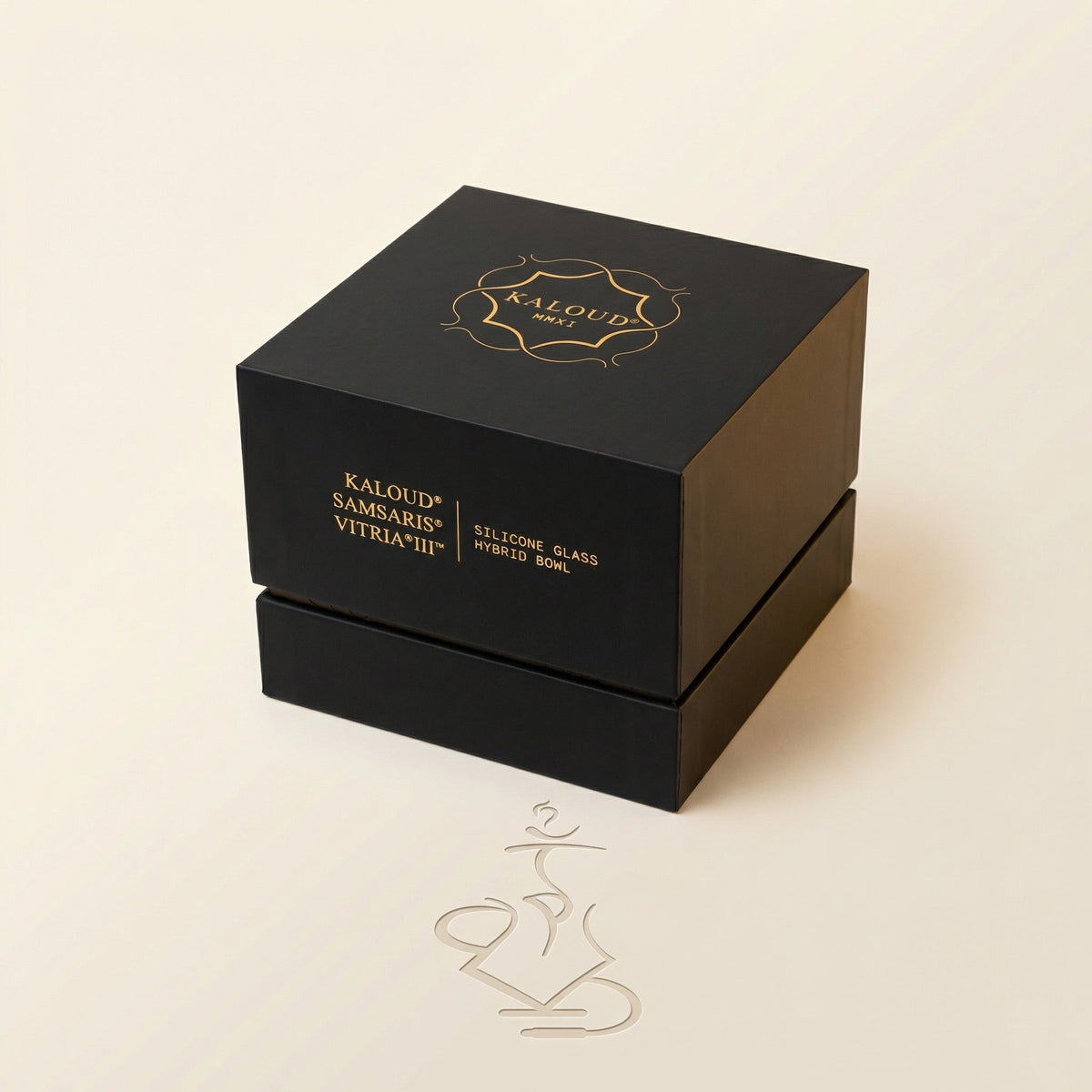 Premium matte black Kaloud Samsaris Vitria III presentation box with gold foil crest for the silicone glass hybrid shisha bowl, image 8 of 12