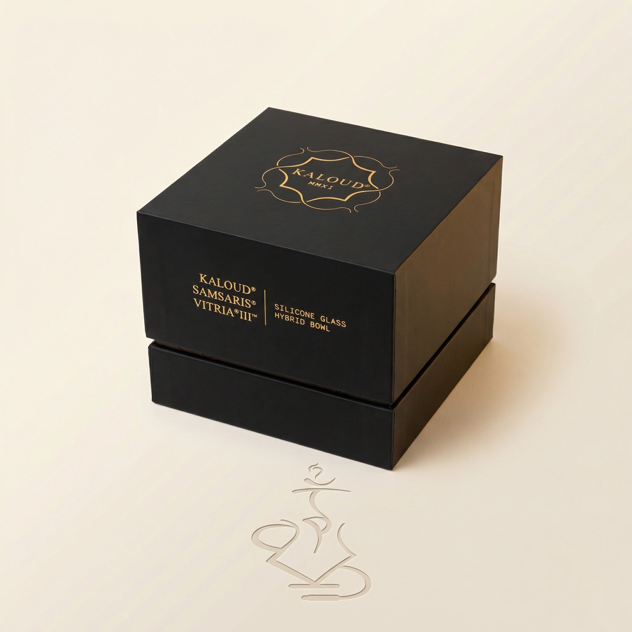 Premium matte black Kaloud Samsaris Vitria III presentation box with gold foil crest for the silicone glass hybrid shisha bowl