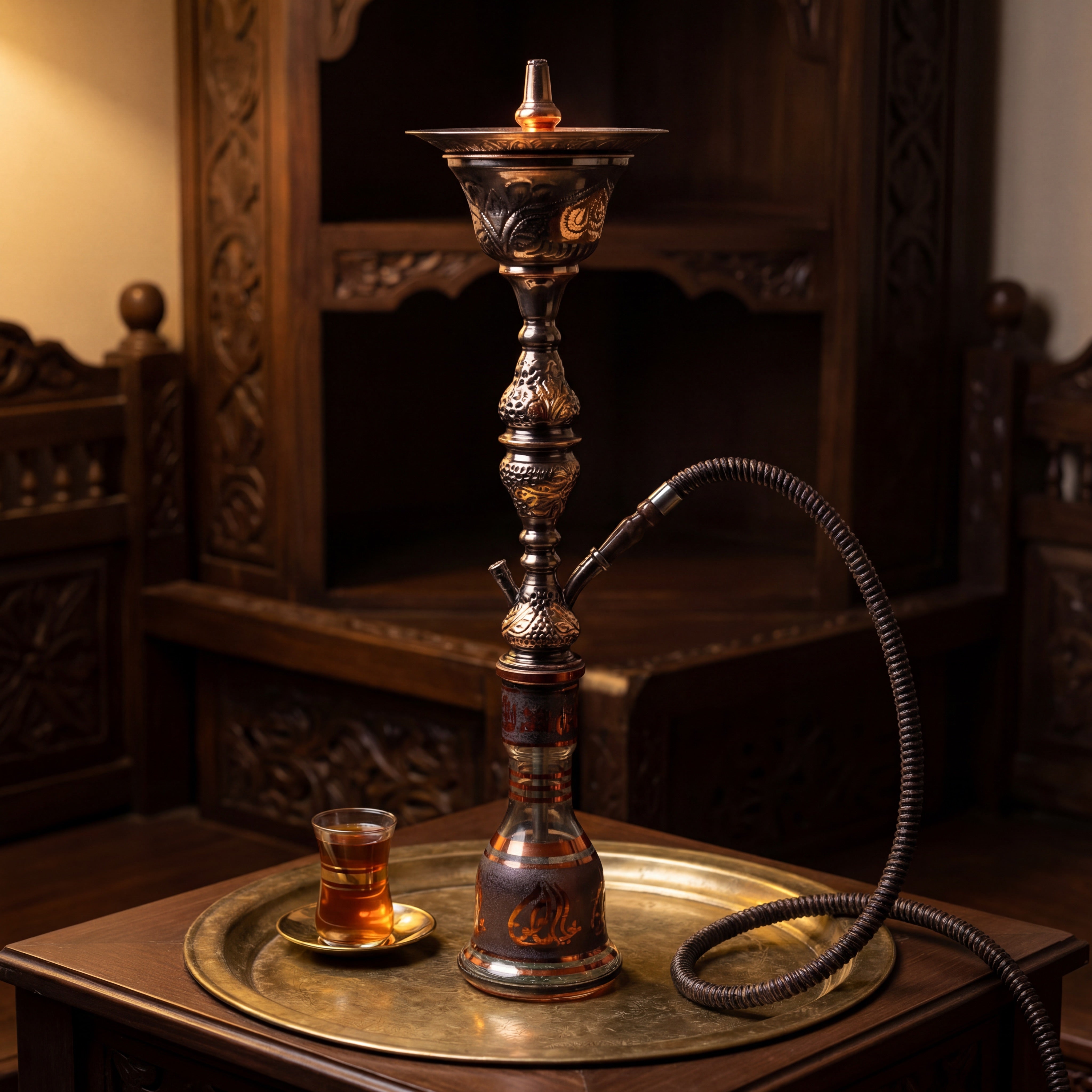 Khalil Mamoon 1566 Oxide Mismatch shisha pipe on a brass tray in a carved-wood majlis at night, Arabic tea beside