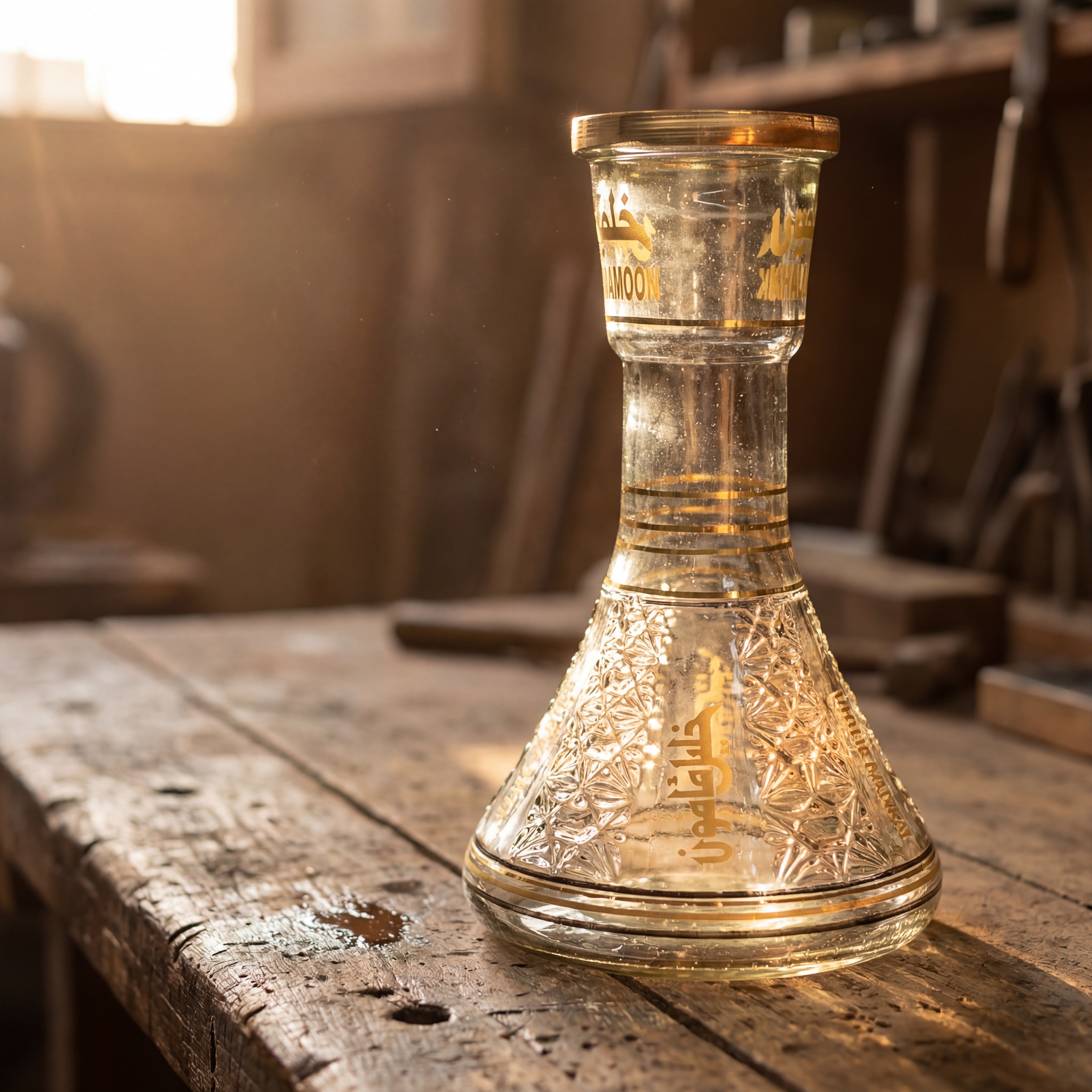 Khalil Mamoon 30 cm engraved glass base on a Cairo workshop bench with warm afternoon light, The Premium Way