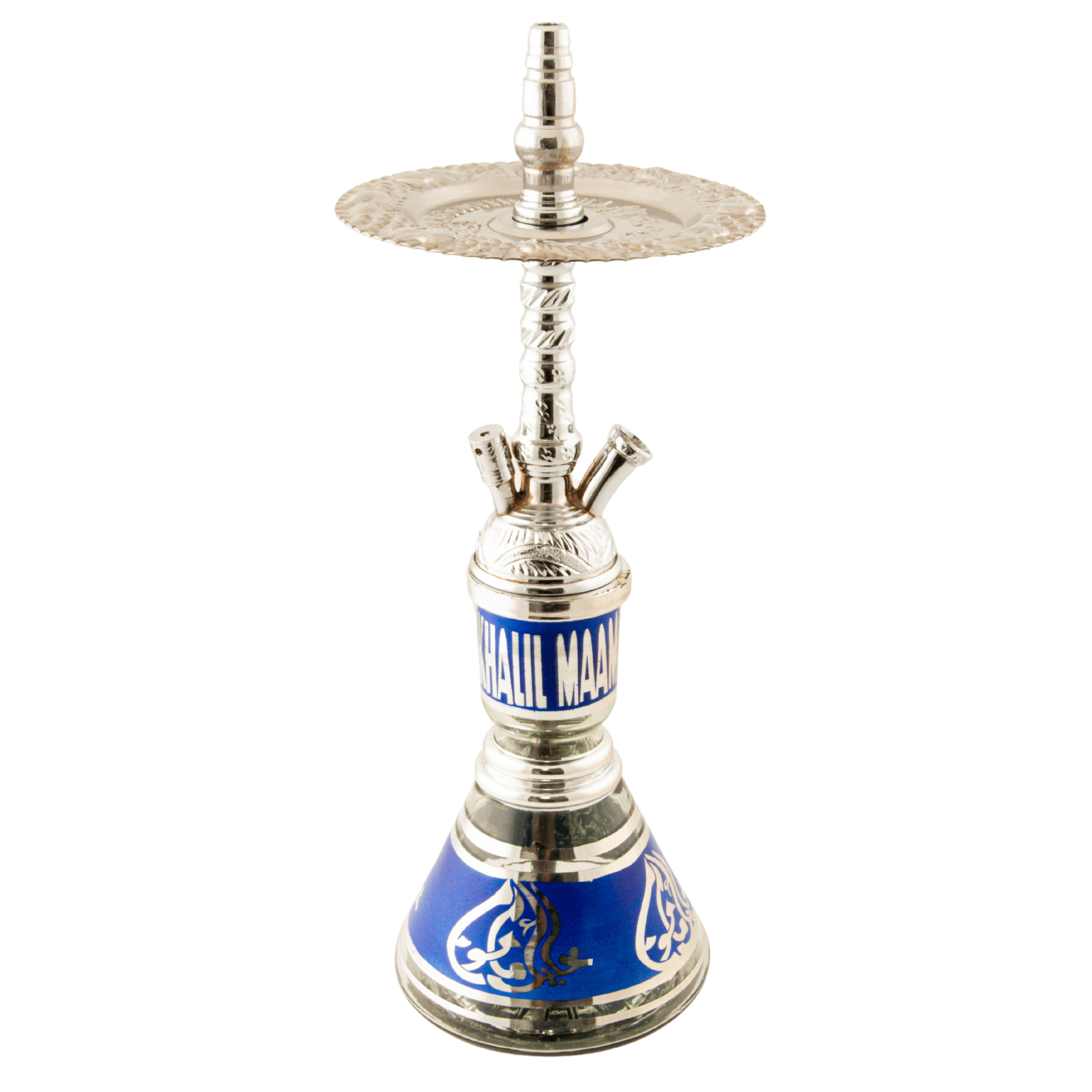 Chrome-twisted Khalil Mamoon Balha Safari 56 cm hookah with blue-silver glass base