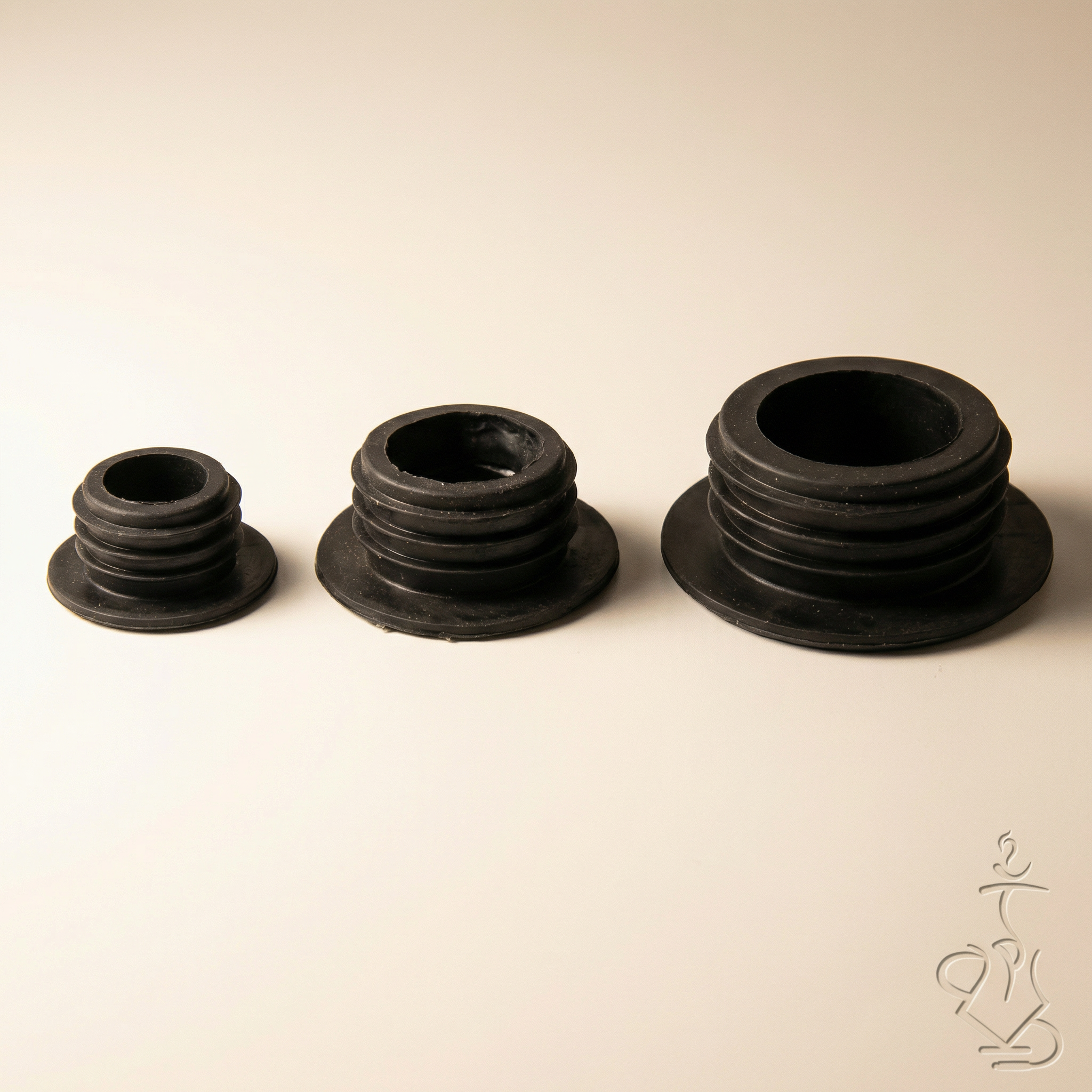 Three Khalil Mamoon black rubber base grommets in small, medium, and large sizes arranged side by side on a white studio background, showing the stepped-ring profile and size progression