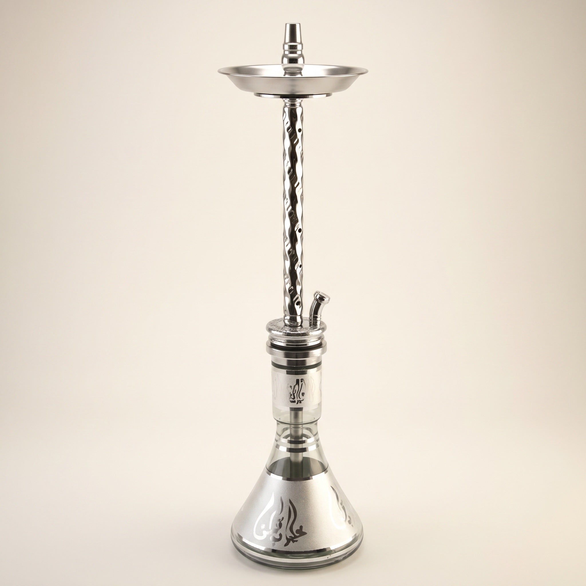 Khalil Mamoon Borg 4351 80cm polished nickel Egyptian hookah with hammered chrome stem and silver-banded glass base