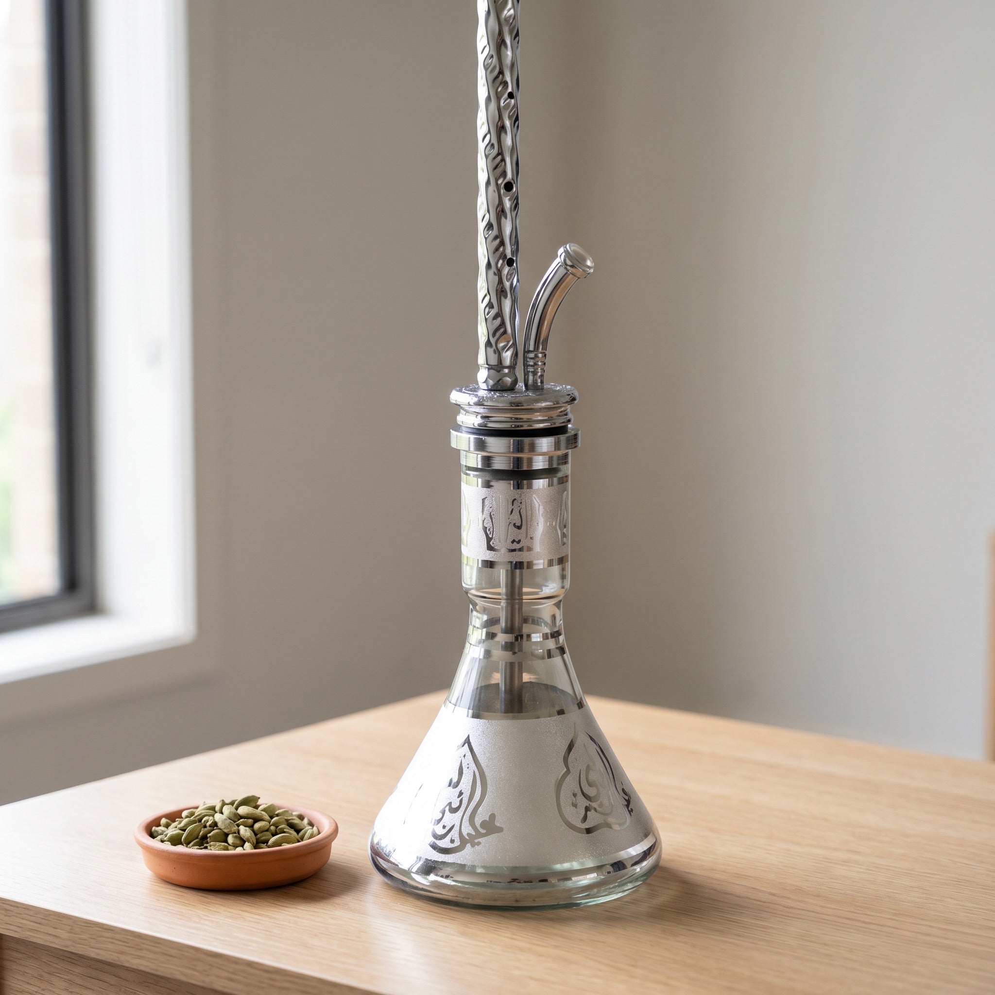Khalil Mamoon Borg 4351 hookah on oak coffee table in soft daylight with cardamom in terracotta dish