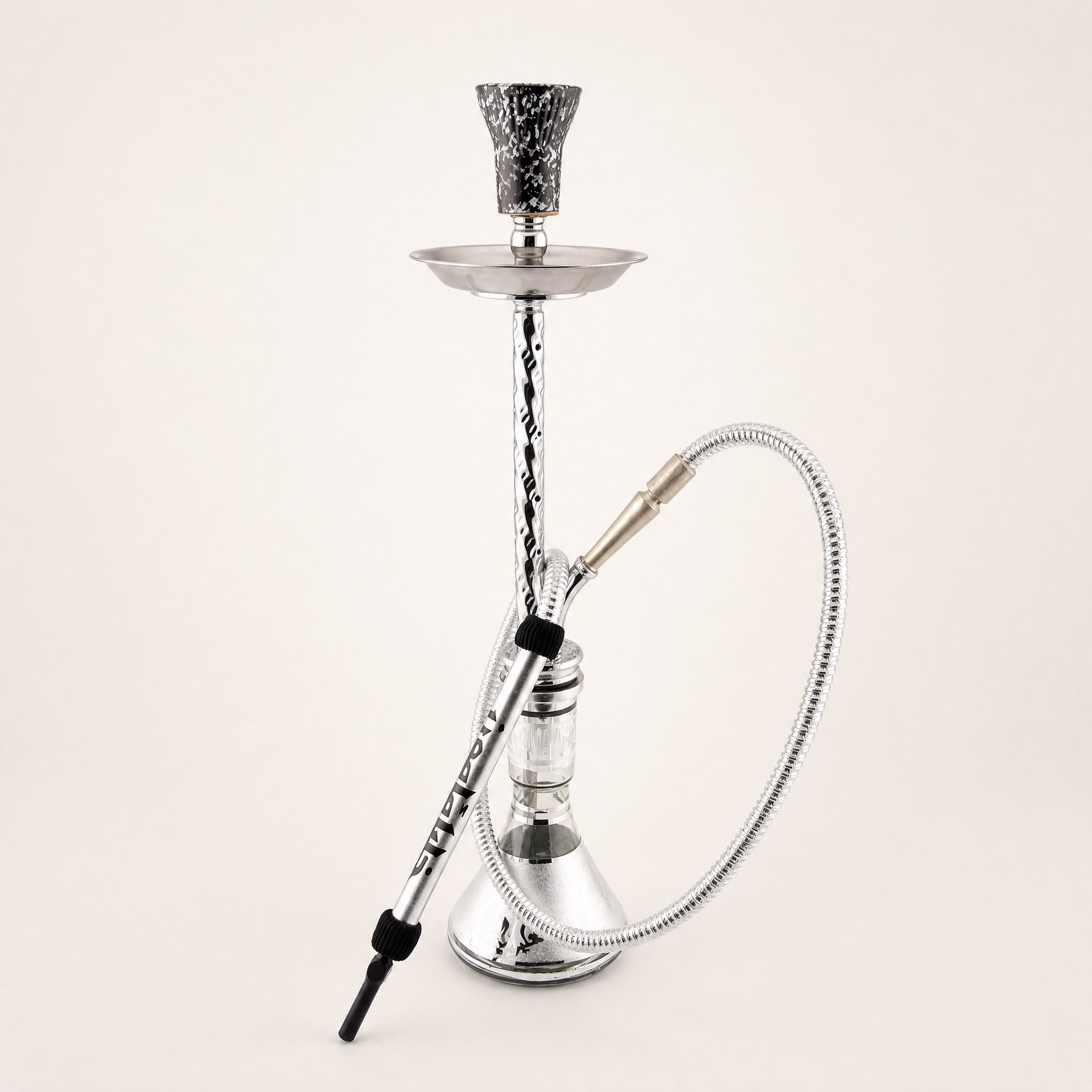 Khalil Mamoon Borg 4351 80cm polished nickel hookah pipe with speckled clay bowl and silver coiled hose, full studio view