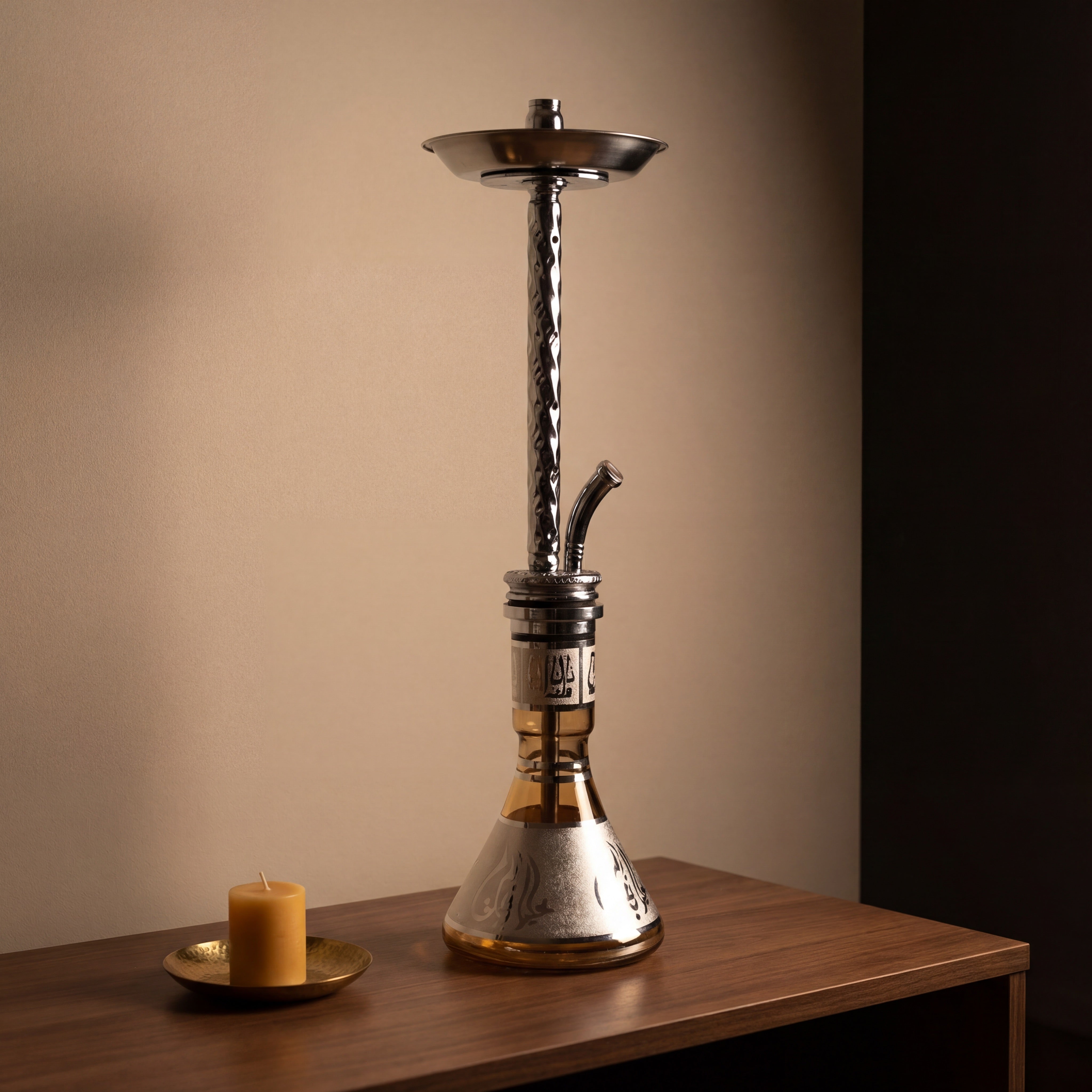 Khalil Mamoon Borg 4351 hookah on walnut console in warm evening light with brass dish and beeswax candle