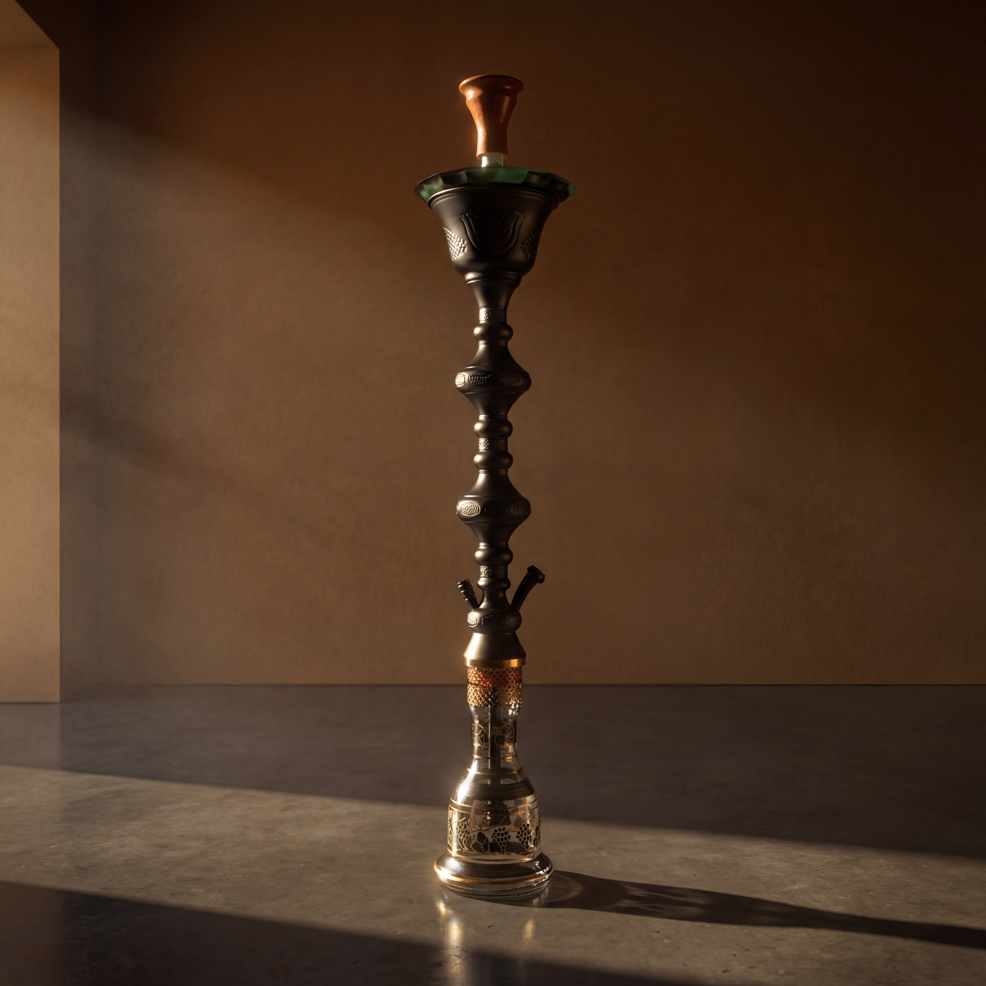 Khalil Mamoon Ice Shareef Black 90cm hookah standing tall in warm architectural interior with raking afternoon light