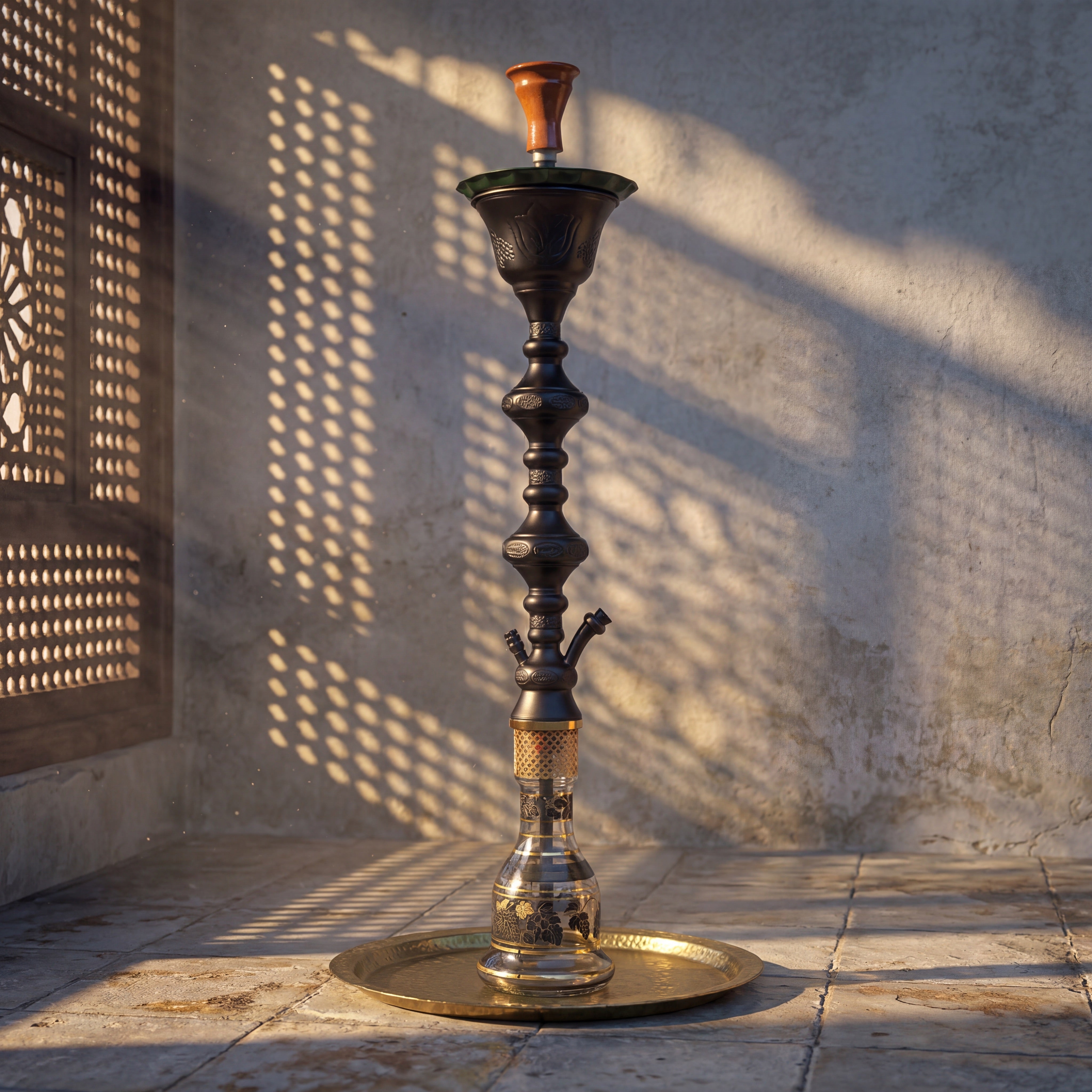 Khalil Mamoon Ice Shareef Black 90cm hookah on brass tray in shaded Cairo courtyard with mashrabiya shadow patterns