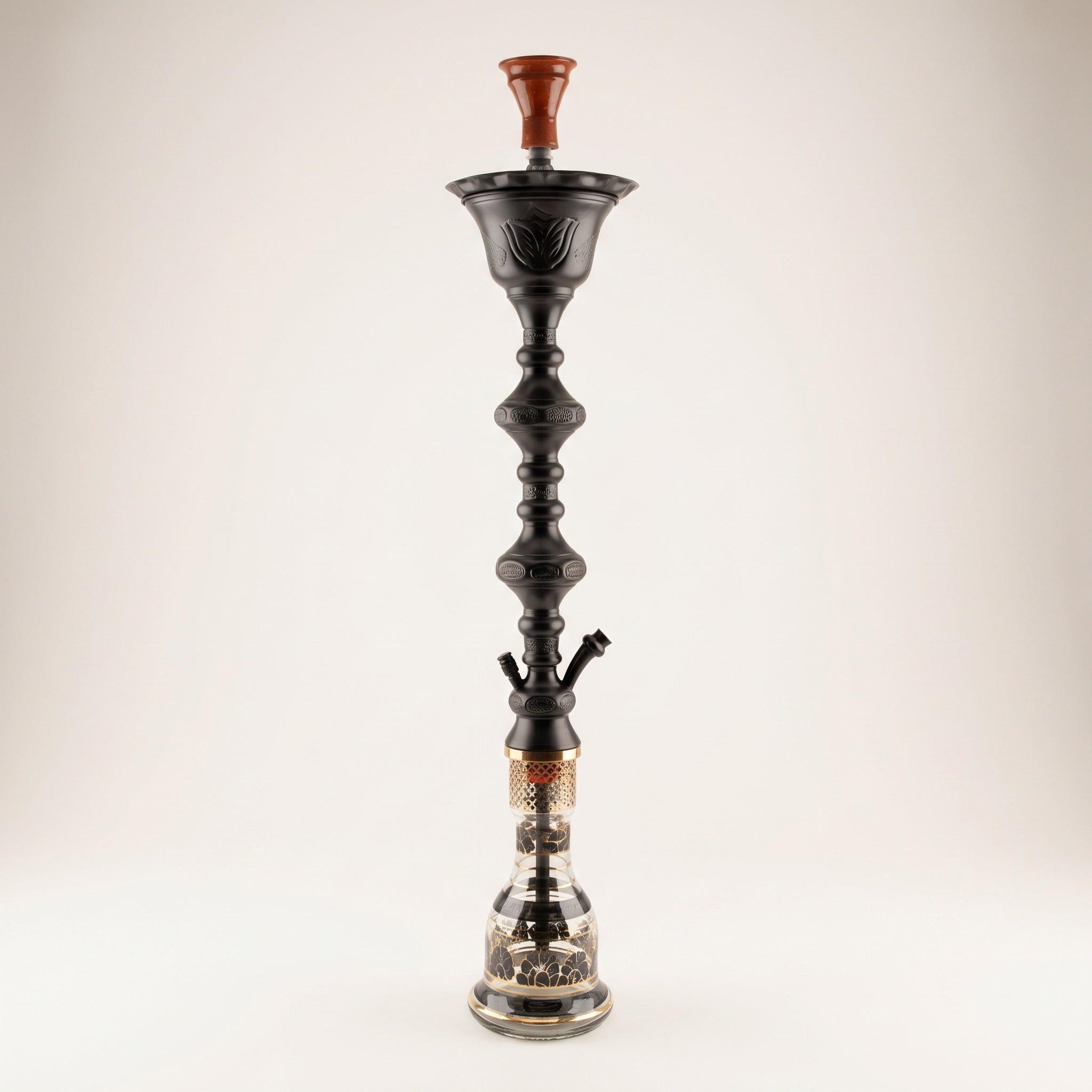 Khalil Mamoon Ice Shareef Black 90cm hookah, satin black 2-level stem with embossed Arabic cartouches and gold-decorated glass base