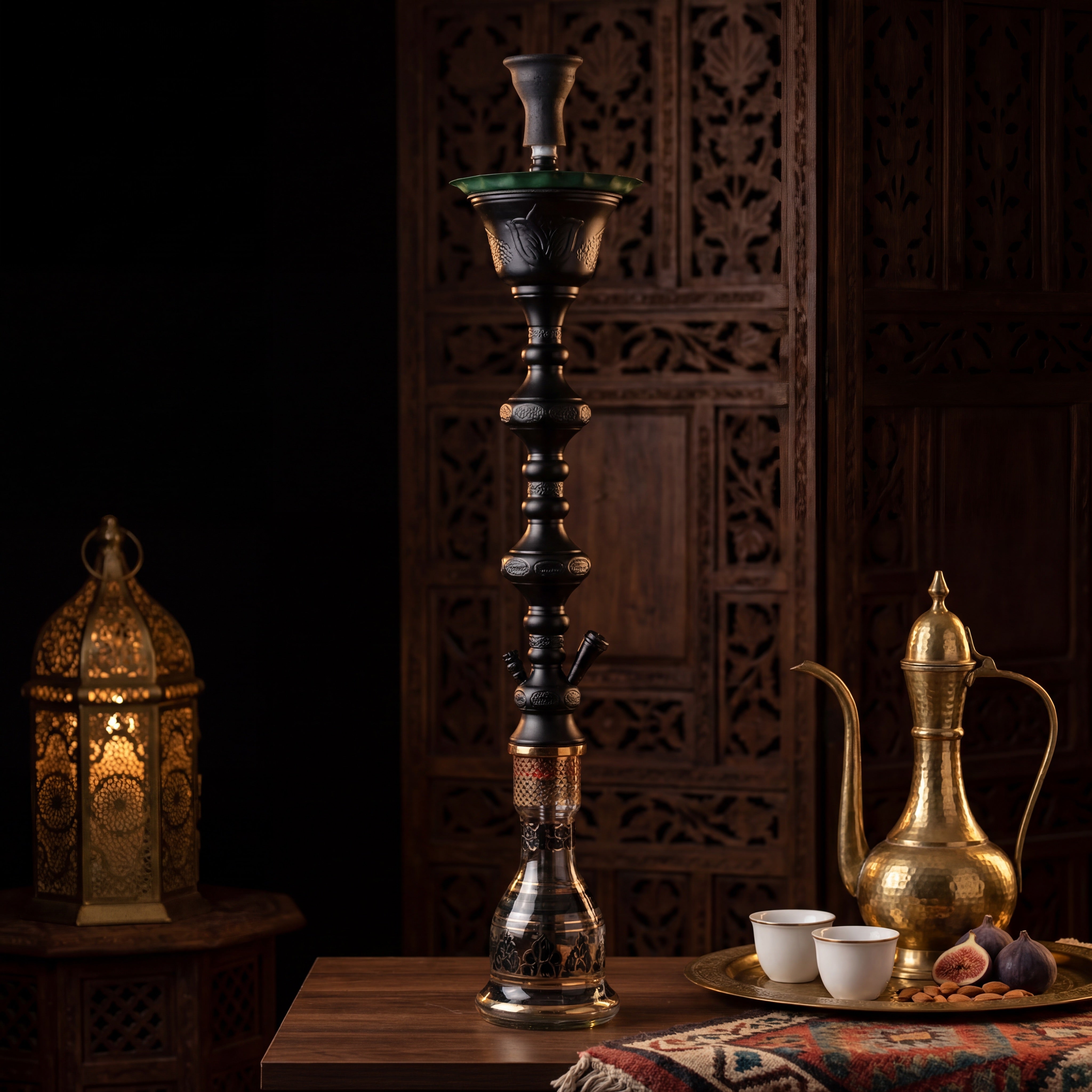 Khalil Mamoon Ice Shareef Black 90cm hookah in evening majlis setting with brass dallah and finjan cups
