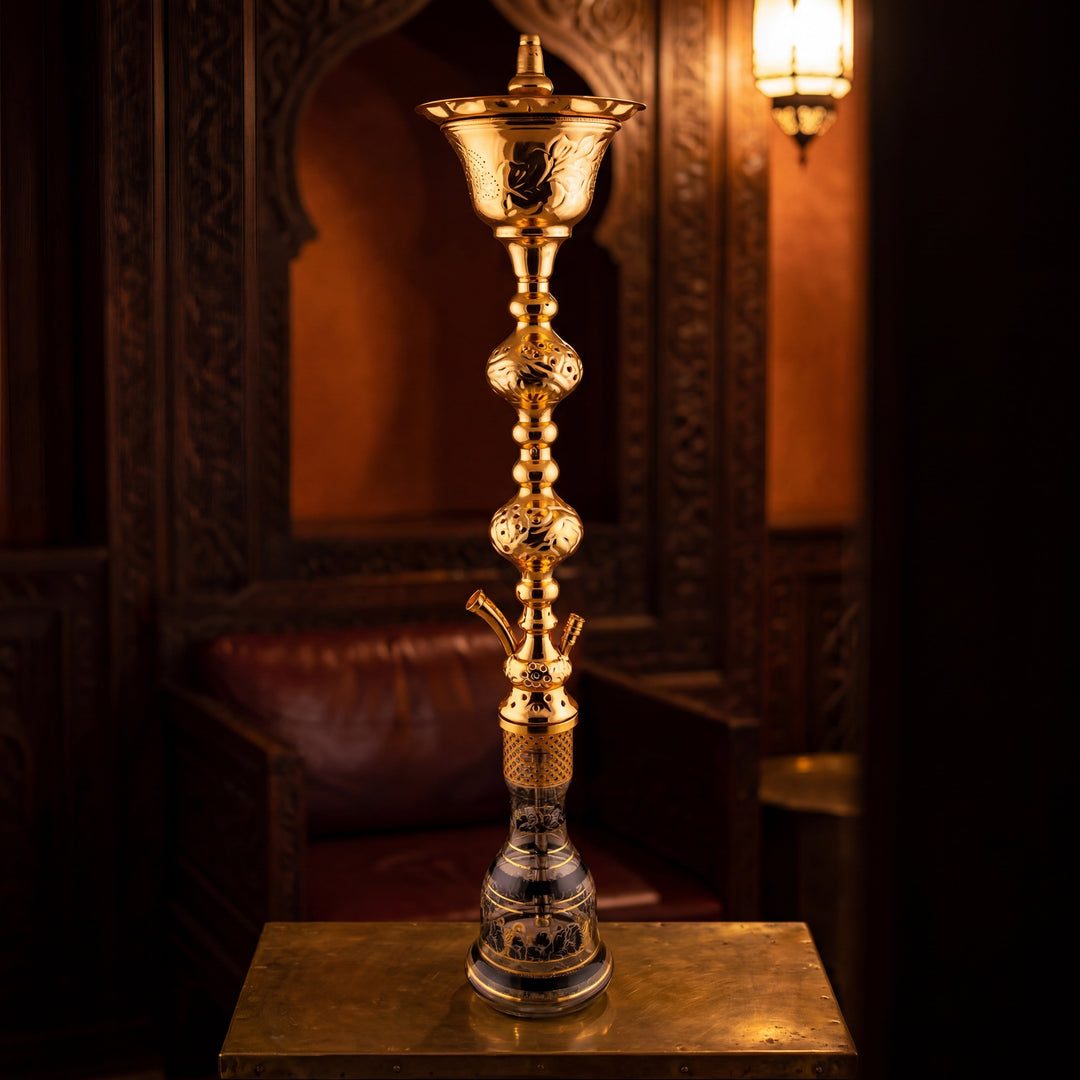 Khalil Mamoon Ice Sharqawi 2 gold shisha pipe in warm lantern-lit majlis lounge