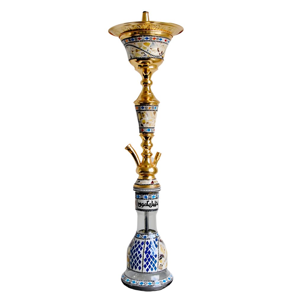 Gold Khalil Mamoon Ice Chiller hookah with glass base and hose