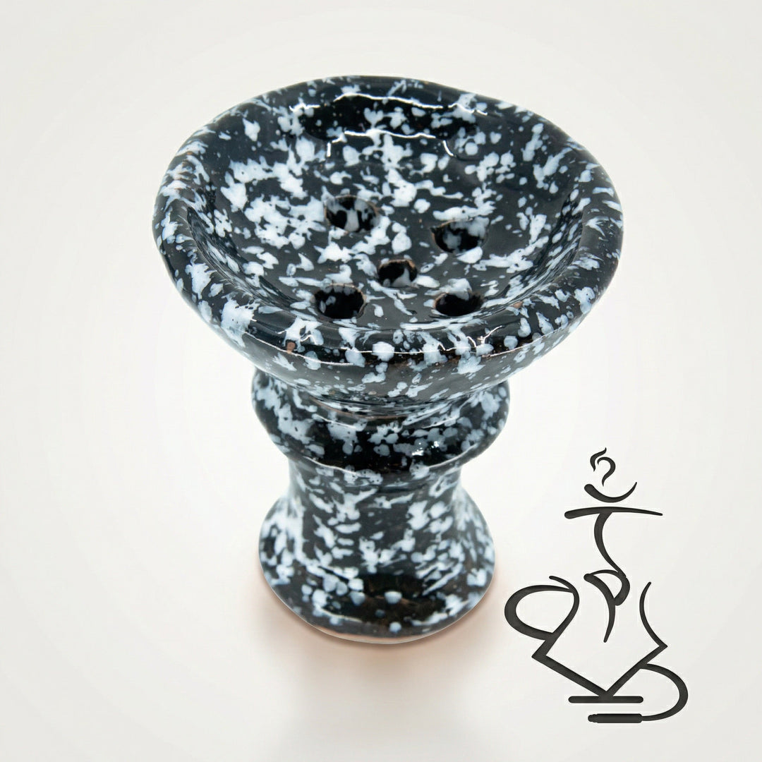Khalil Mamoon marble ceramic hookah bowl with glossy black and white spatter glaze, traditional 5-hole Egyptian design, studio shot on warm white background