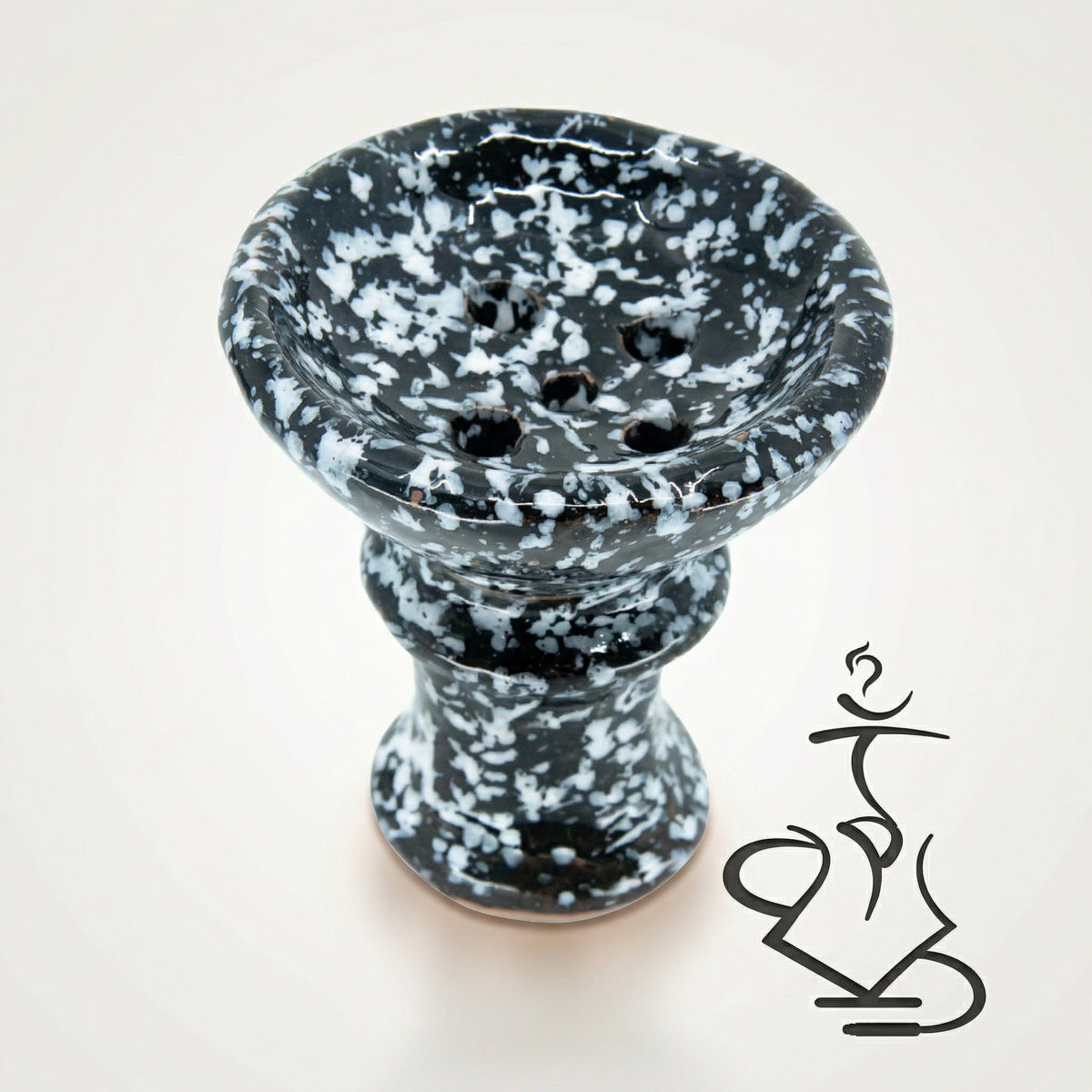 Khalil Mamoon marble ceramic hookah bowl with glossy black and white spatter glaze, traditional 5-hole Egyptian design, studio shot on warm white background, image 2 of 9