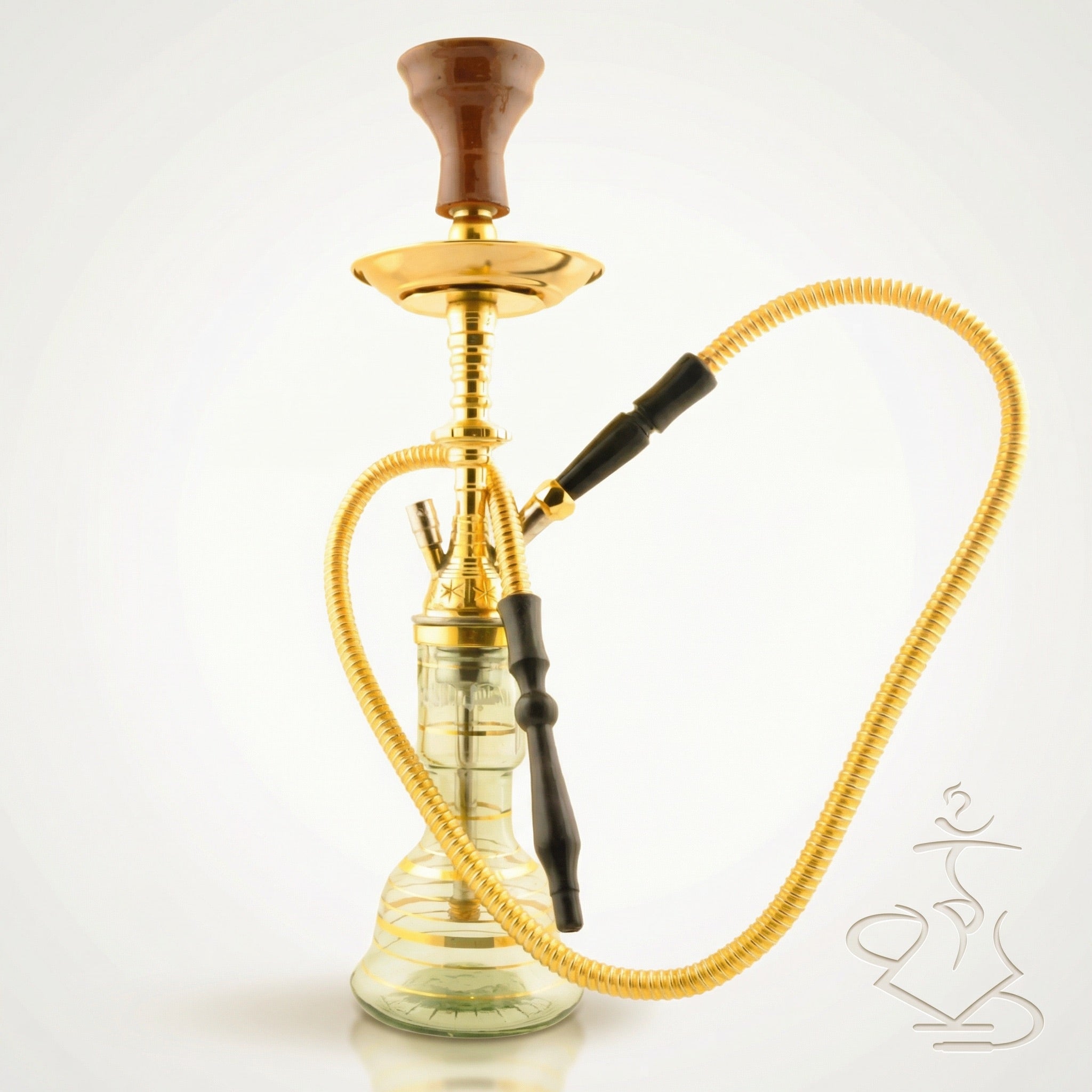 Khalil Mamoon Mini Beast Star Safari Gold 52 cm handmade Egyptian hookah pipe with gold-plated stem, clear glass base with gold striping, and traditional clay bowl, photographed on a warm white studio background.