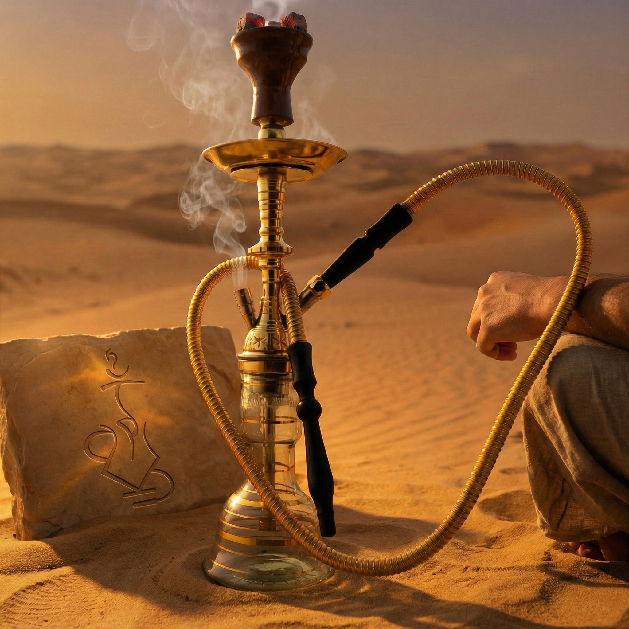 Khalil Mamoon Mini Beast Gold Egyptian hookah pipe set up on desert sand with smoke rising from the clay bowl and warm golden dunes in the background, evoking the pipe's Cairo heritage.